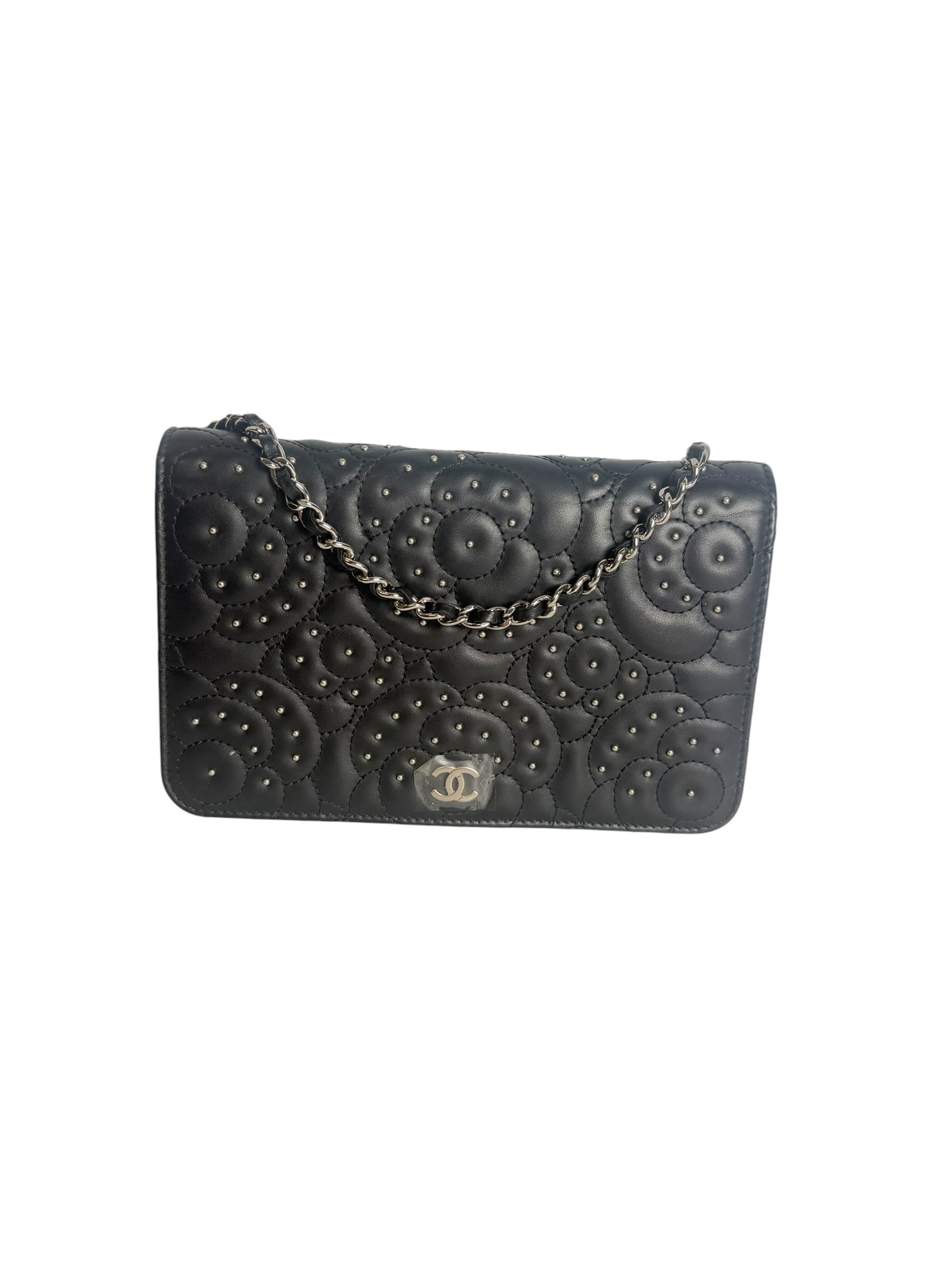 Chanel Black Camellia Quilted Leather Wallet on Chain T2289