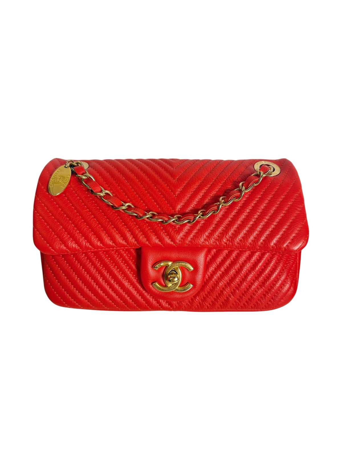Chanel Chevron Quilted Classic Flap Bag Red T5163