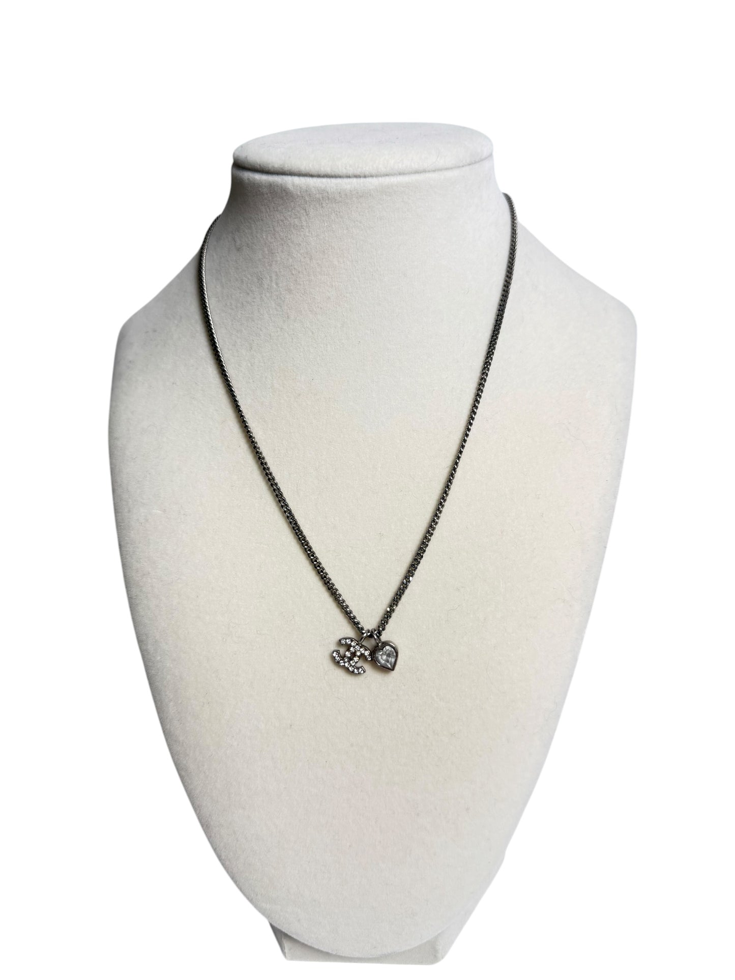 Chanel Crystal CC Heart Charm Necklace Silver T7003