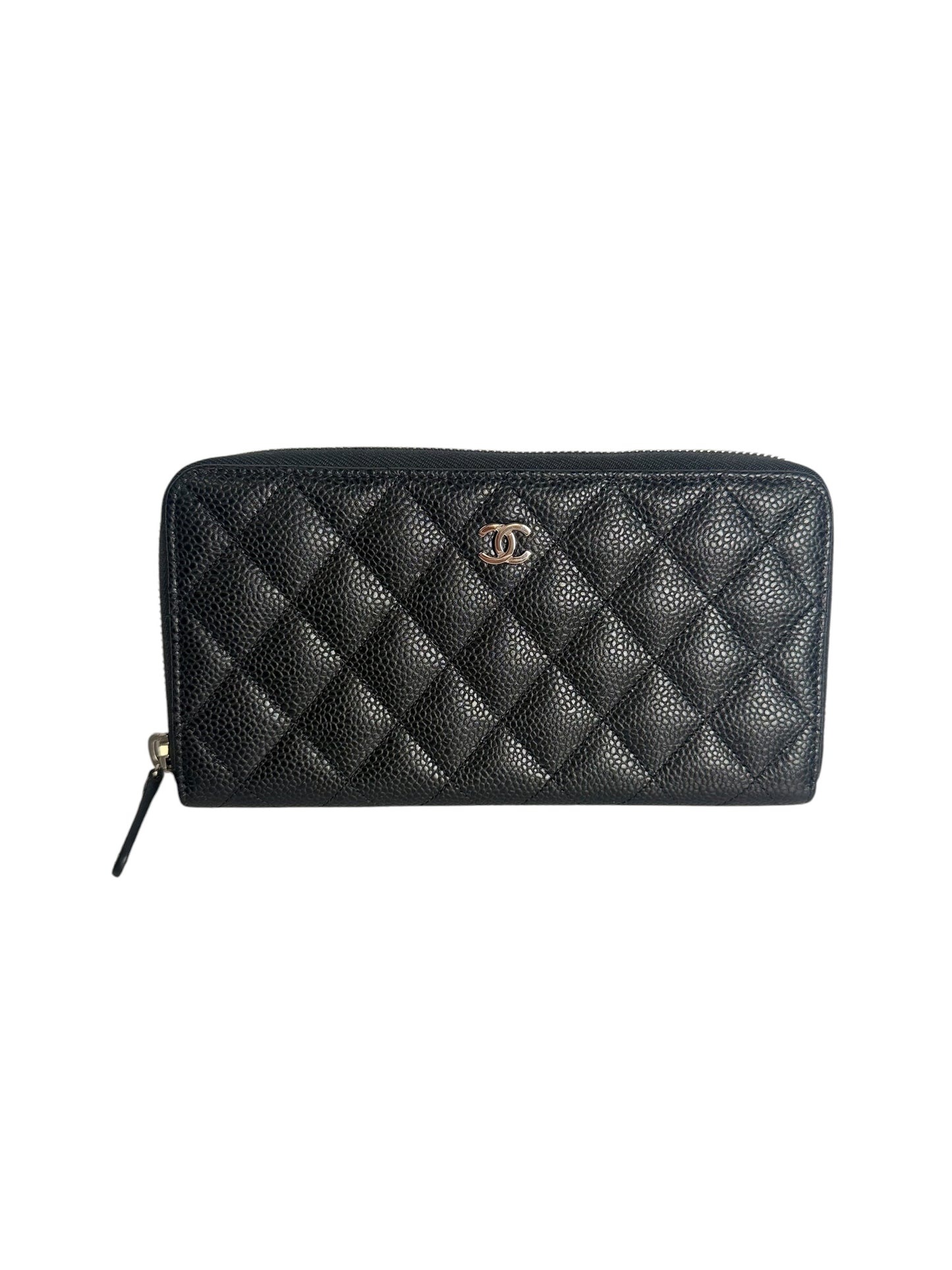 Chanel Classic Quilted Caviar Zip Around Wallet Black T8296