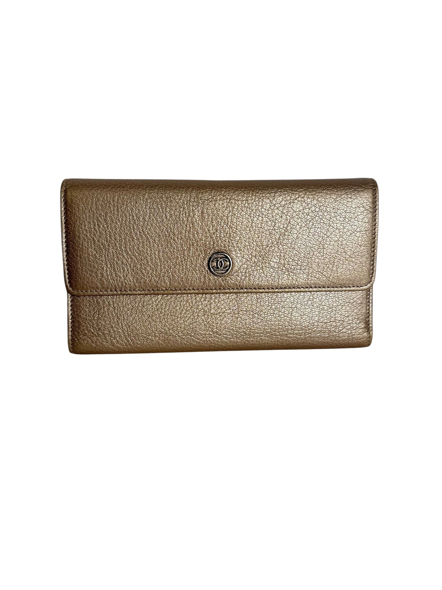 Chanel CC Logo Leather Long Flap Wallet Metallic Gold T8538