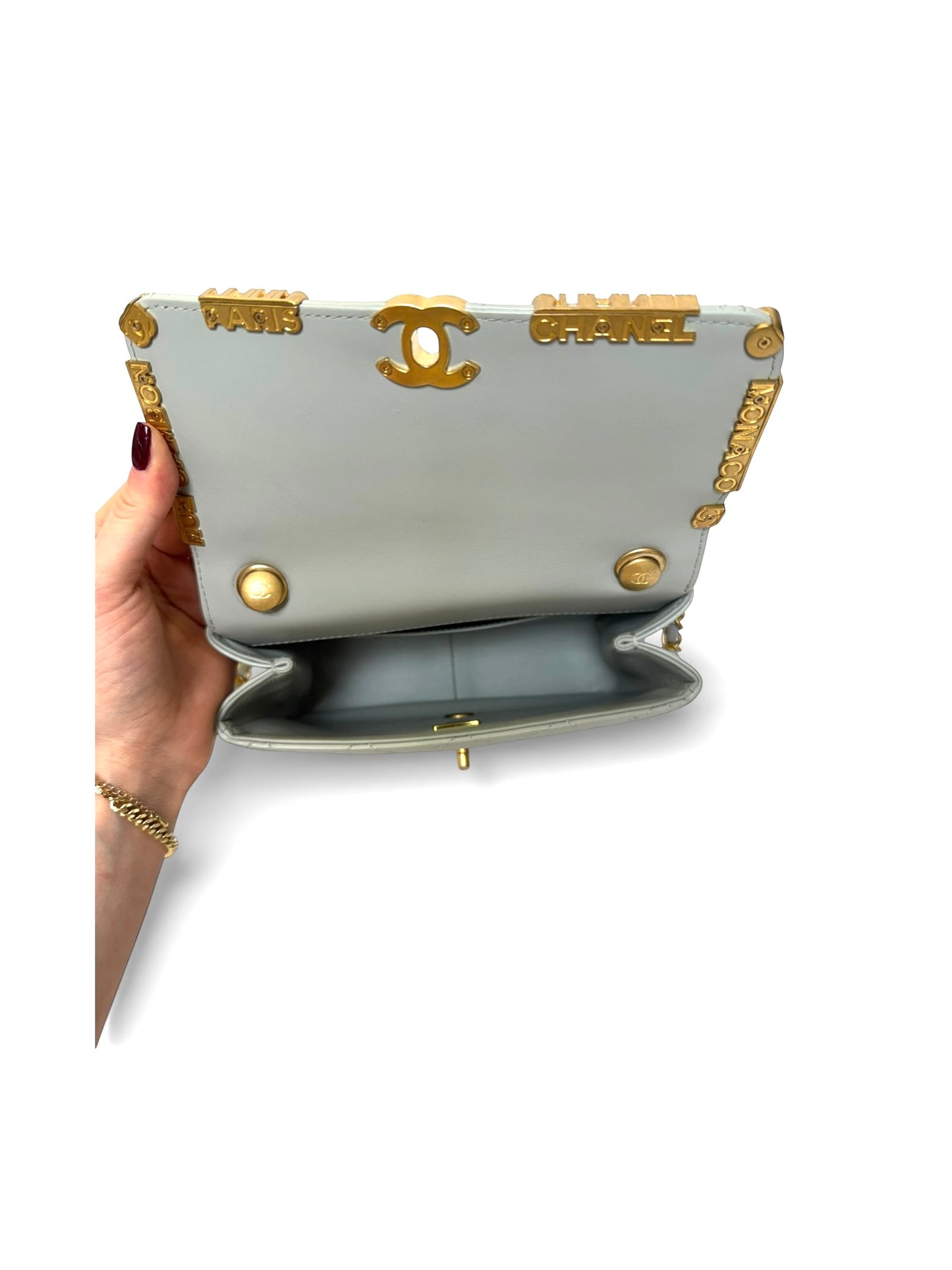 Chanel grey charm mini classic flap