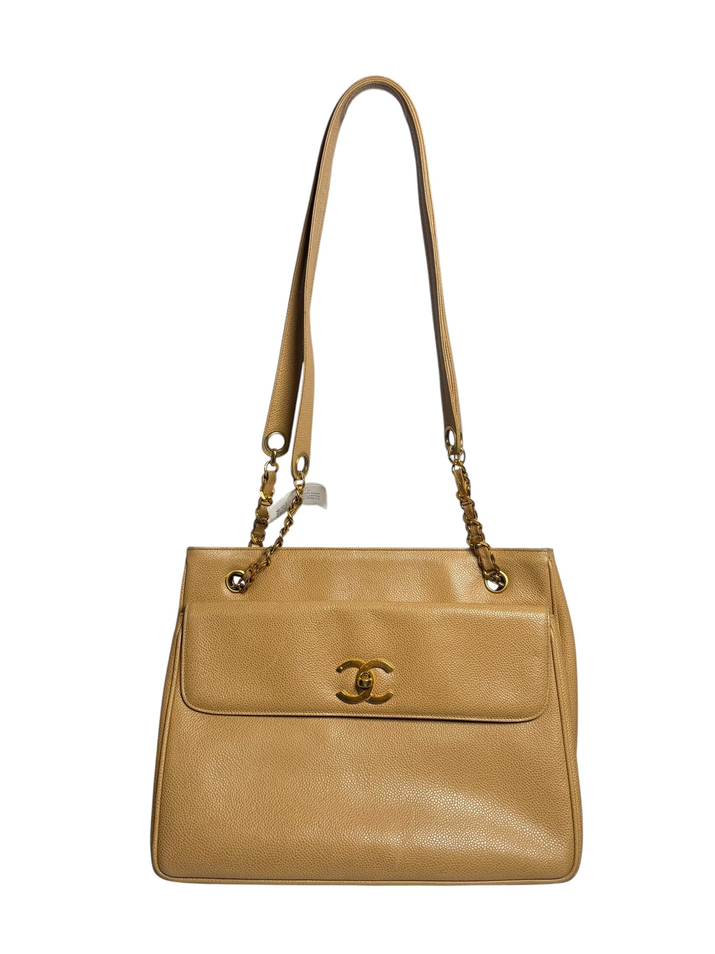 Chanel Tan Caviar Leather CC Turnlock Chain Shoulder Tote Bag T7166