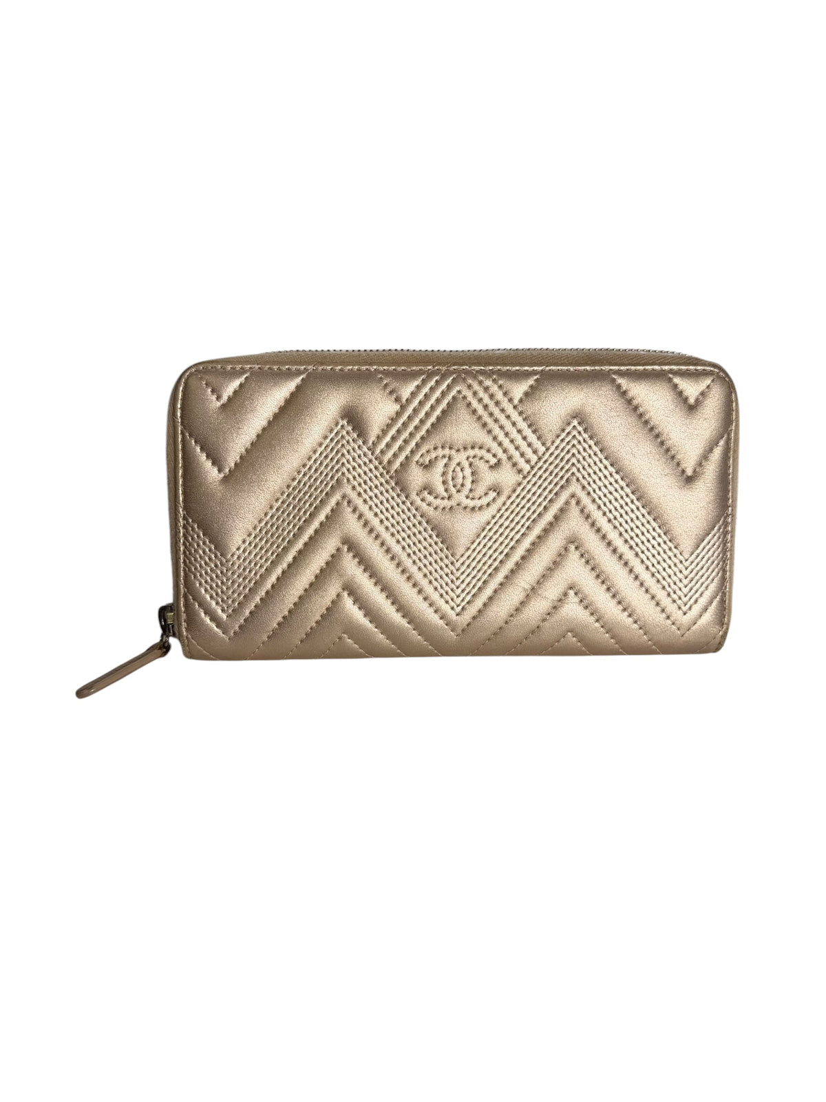 Chanel Chevron Quilted Zip Around Wallet Metallic Gold T8287