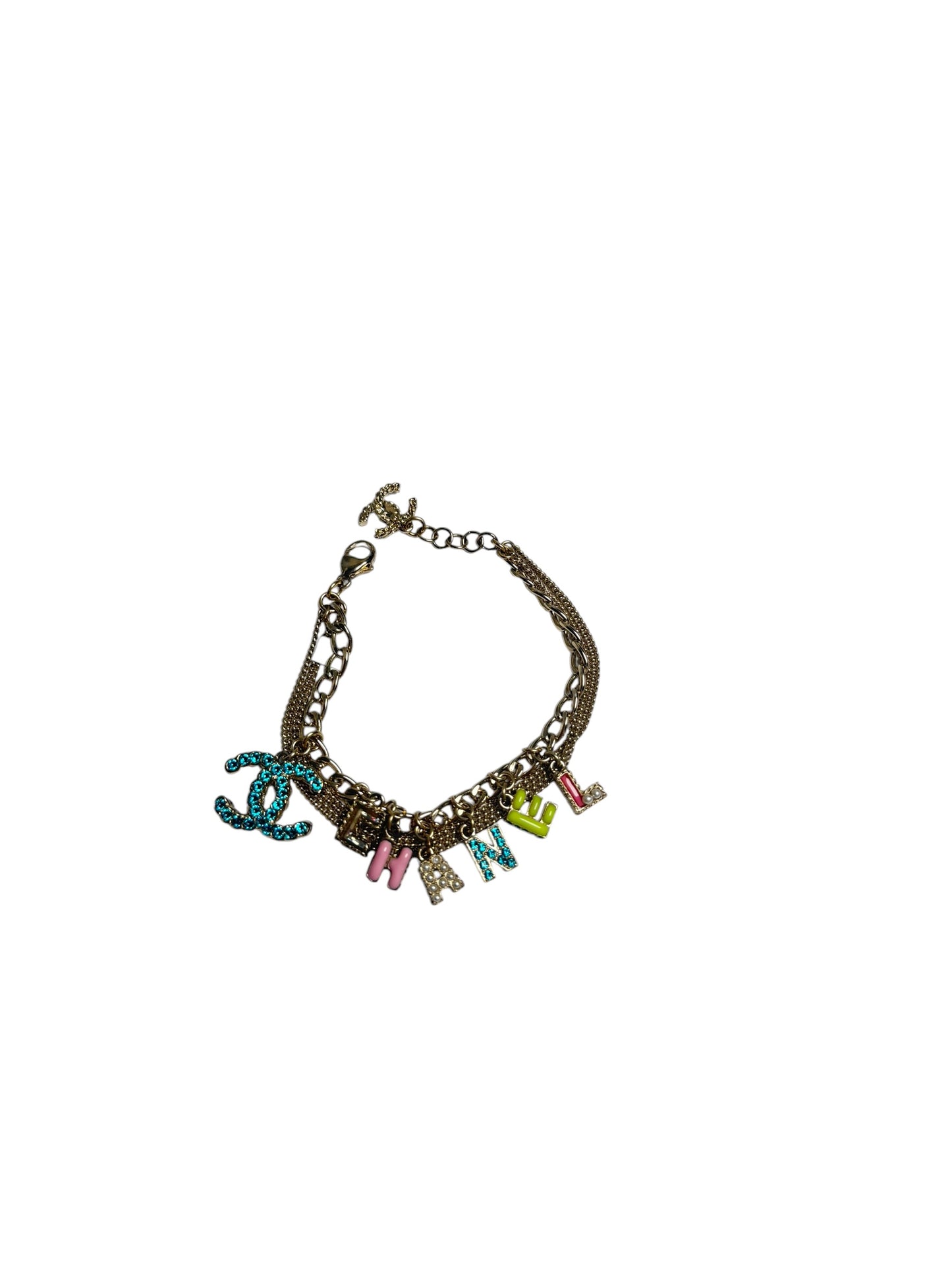 Chanel Multicolor Logo Charm Chain Bracelet Gold T3592