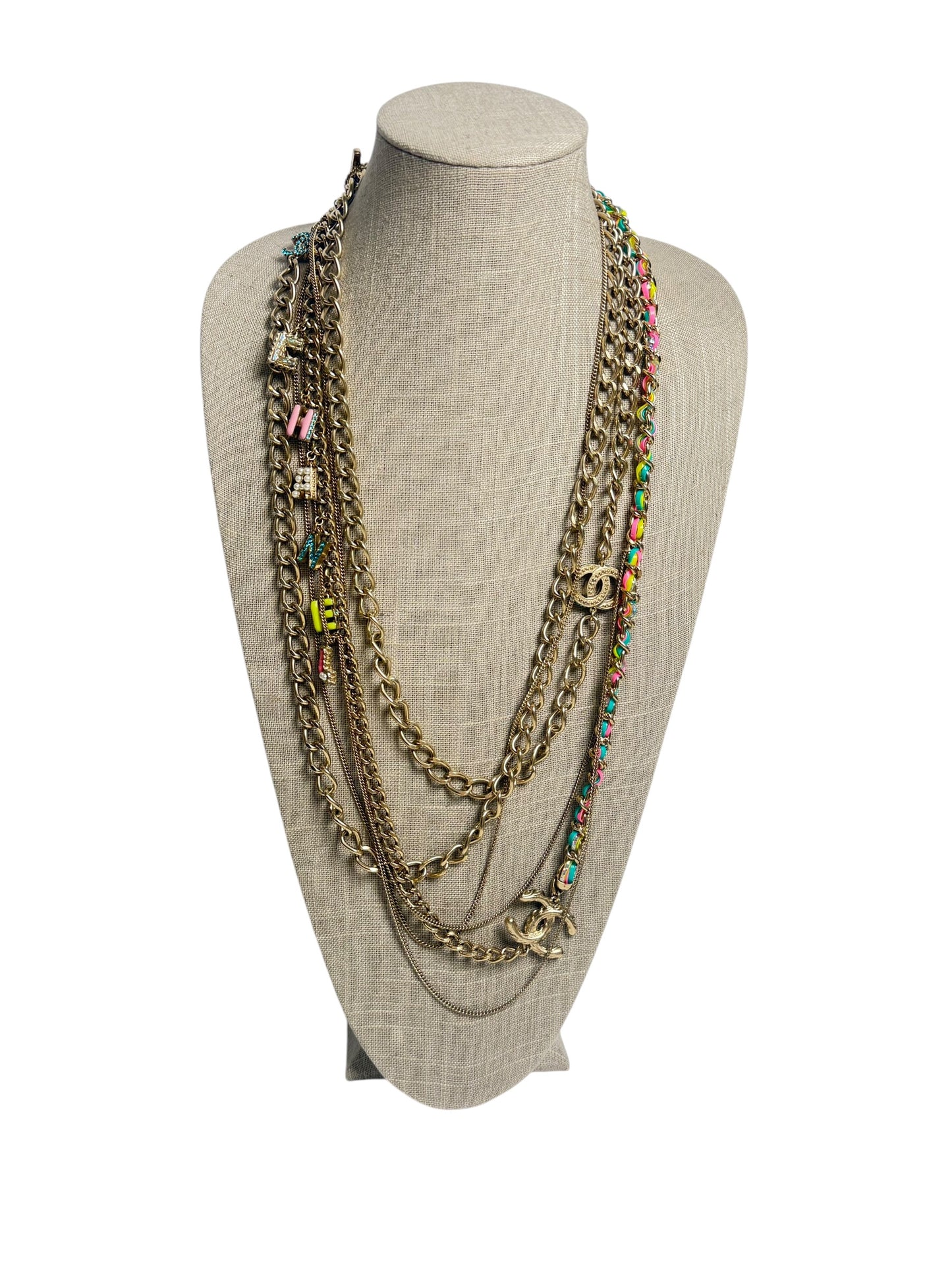 Chanel Multistrand Chain Charm Necklace Gold Multicolor T3989