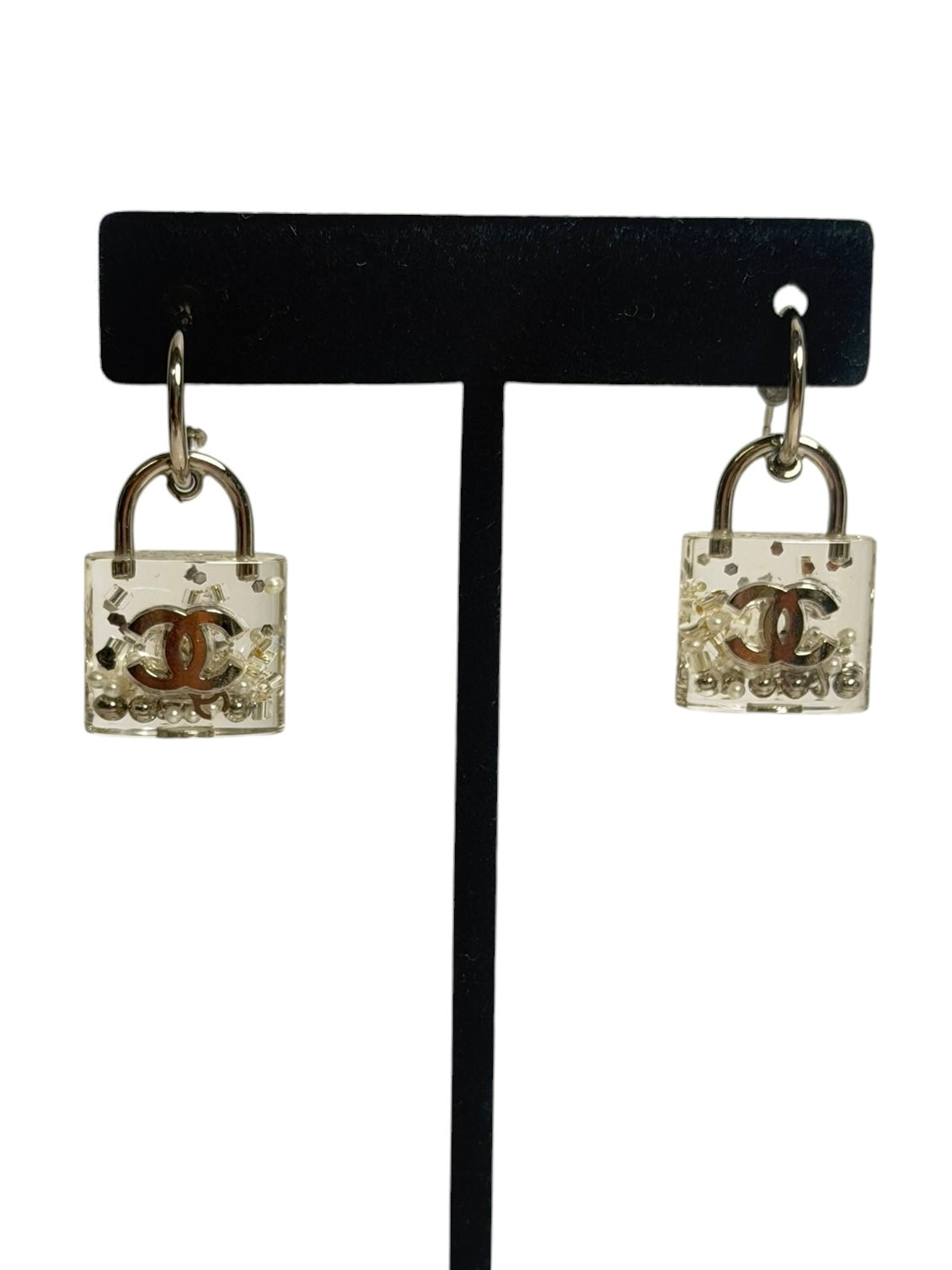 Chanel CC Clear Resin Padlock Drop Earrings T4140