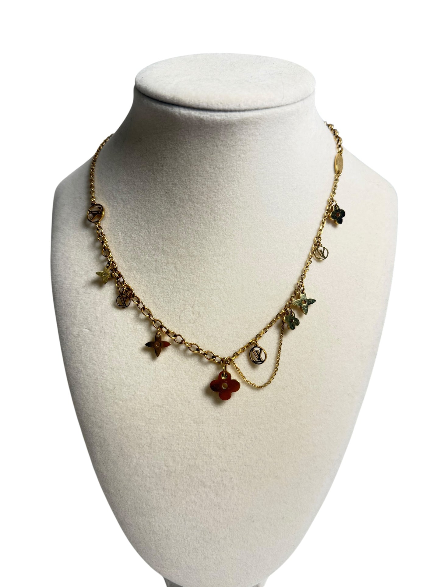 Louis Vuitton Monogram Flower Charm Chain Necklace Gold T3550