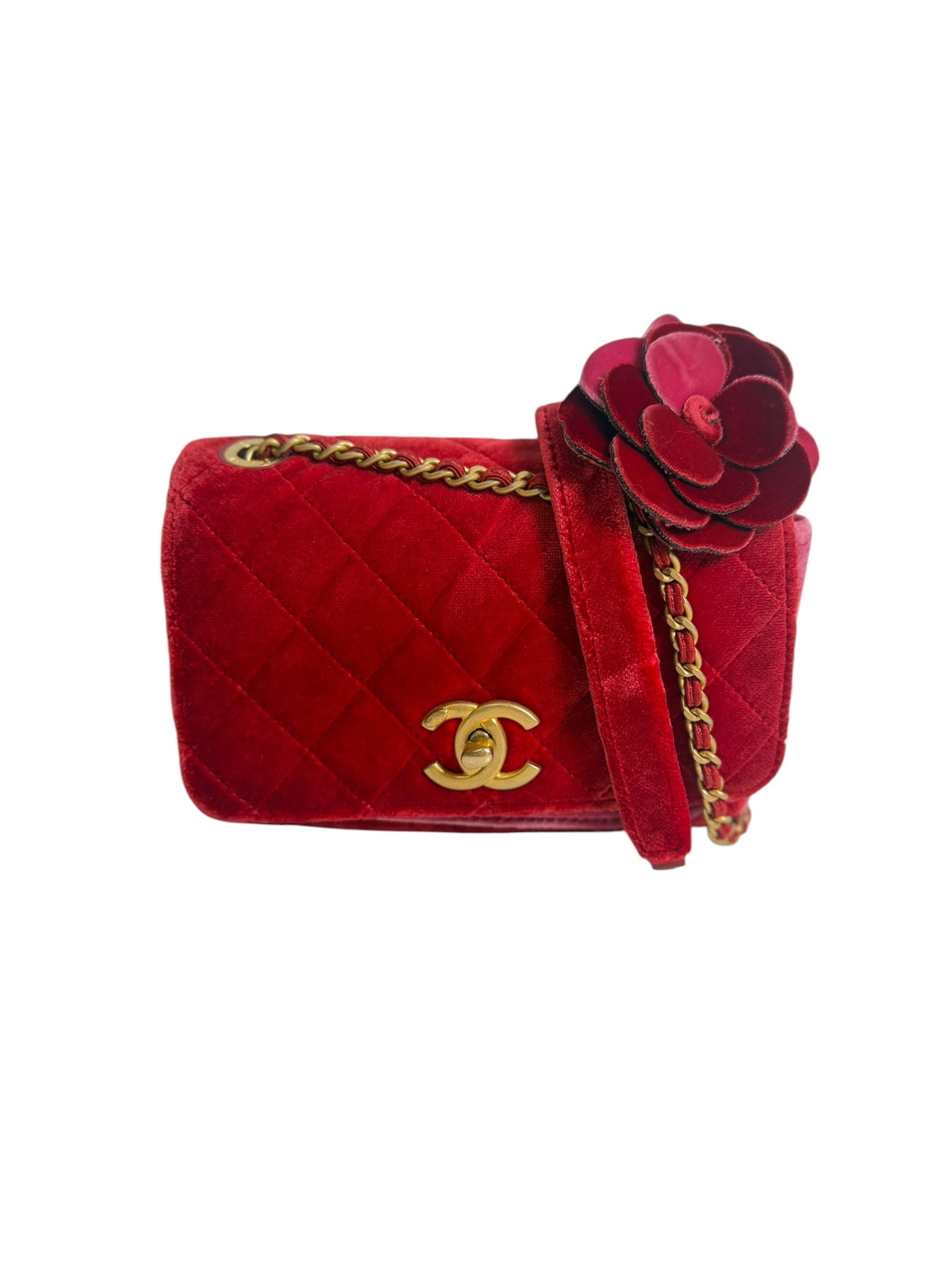 Chanel Camellia Velvet Flap Bag Red T7463