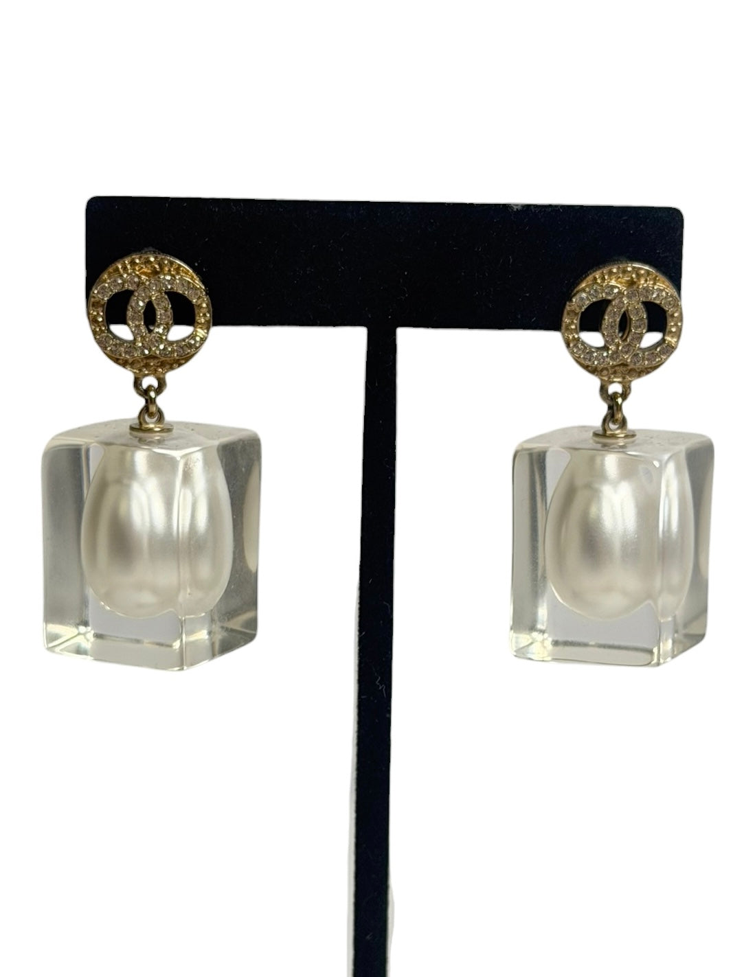Chanel Crystal CC Clear Cube Pearl Drop Earrings T4136