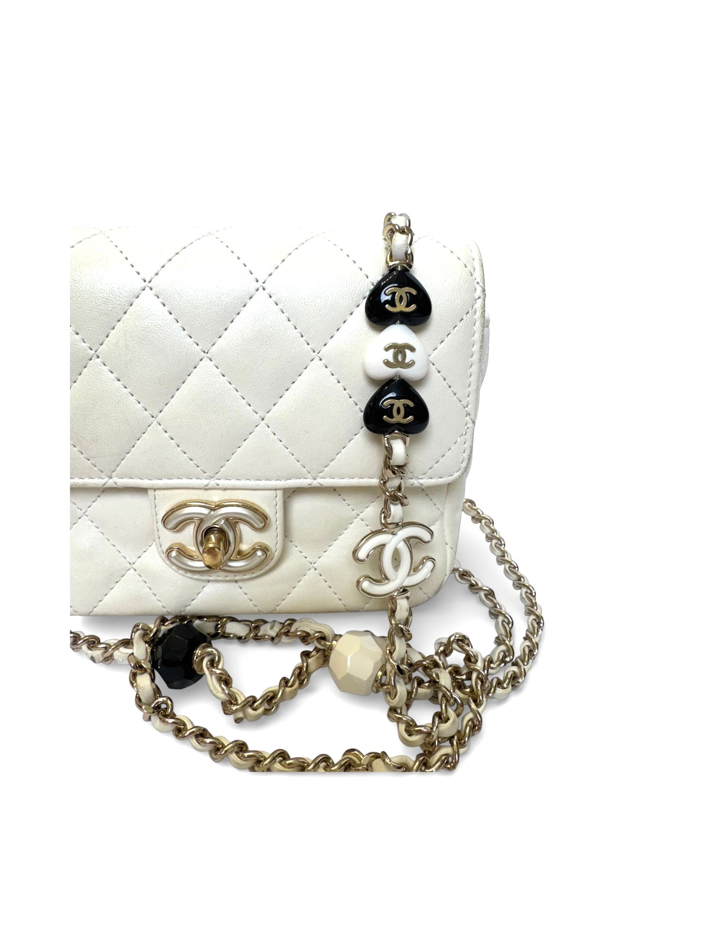 Chanel white iridescent lamb charm mini limited edition flap