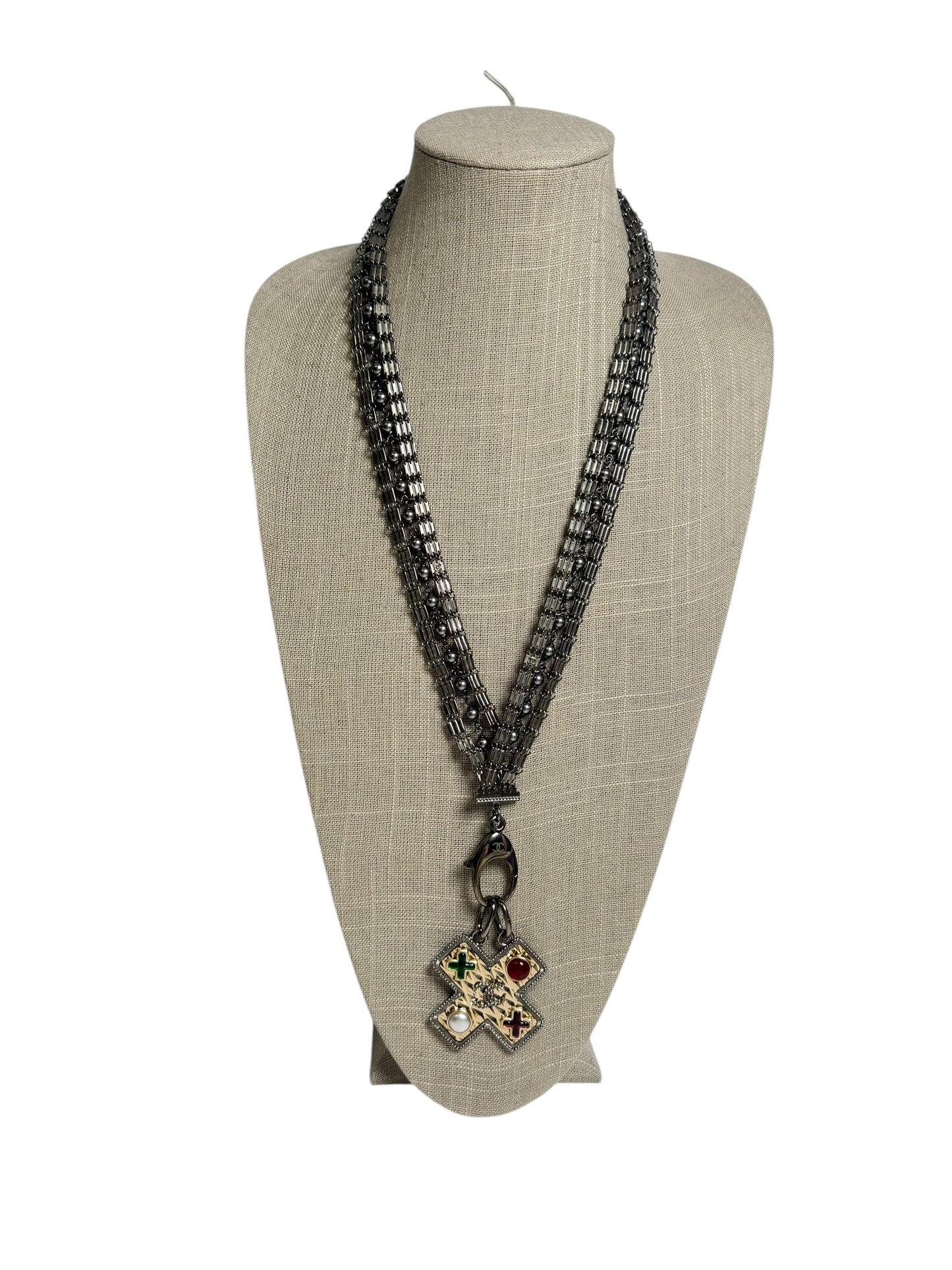 Chanel Gripoix Cross Charm Multi-Strand Necklace Black Gold Multicolor T0792