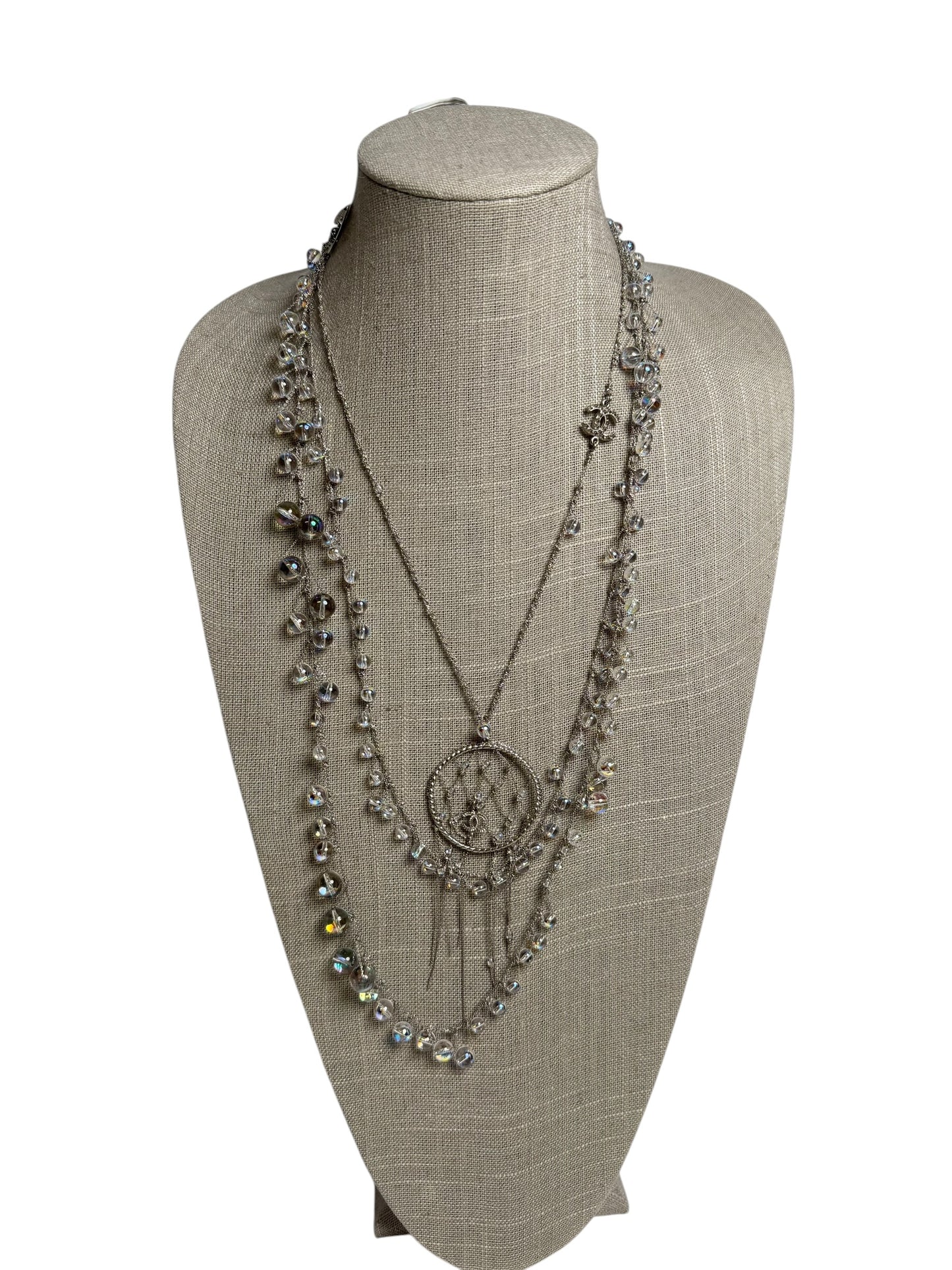 Chanel Crystal Multi-Strand Dreamcatcher CC Necklace Silver T0456