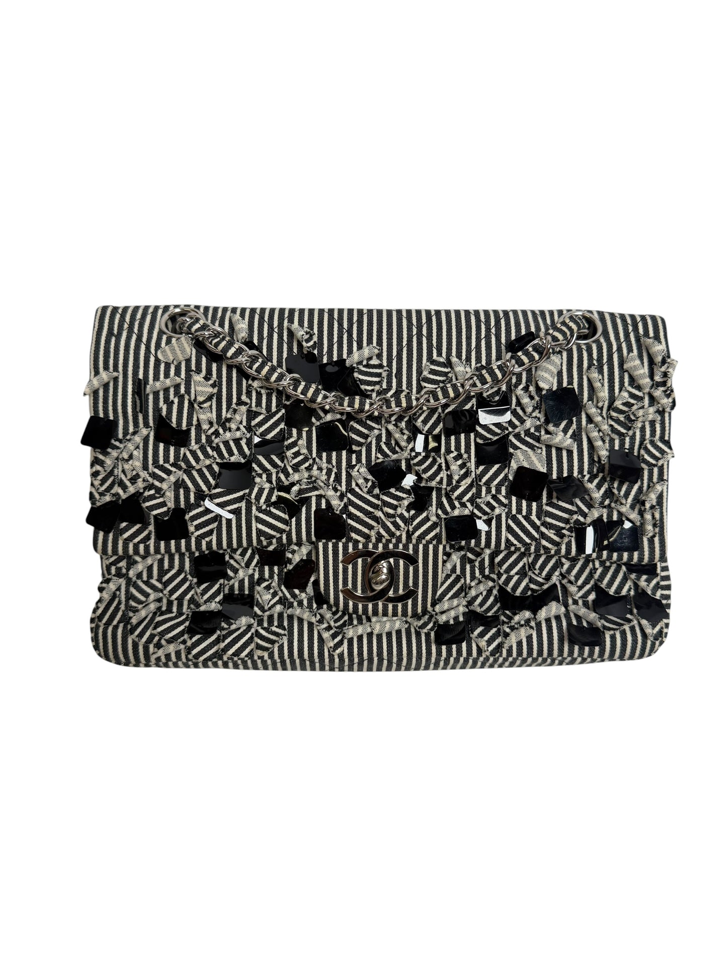 Chanel Black & White Striped Fabric Embellished Classic Flap Bag T1028