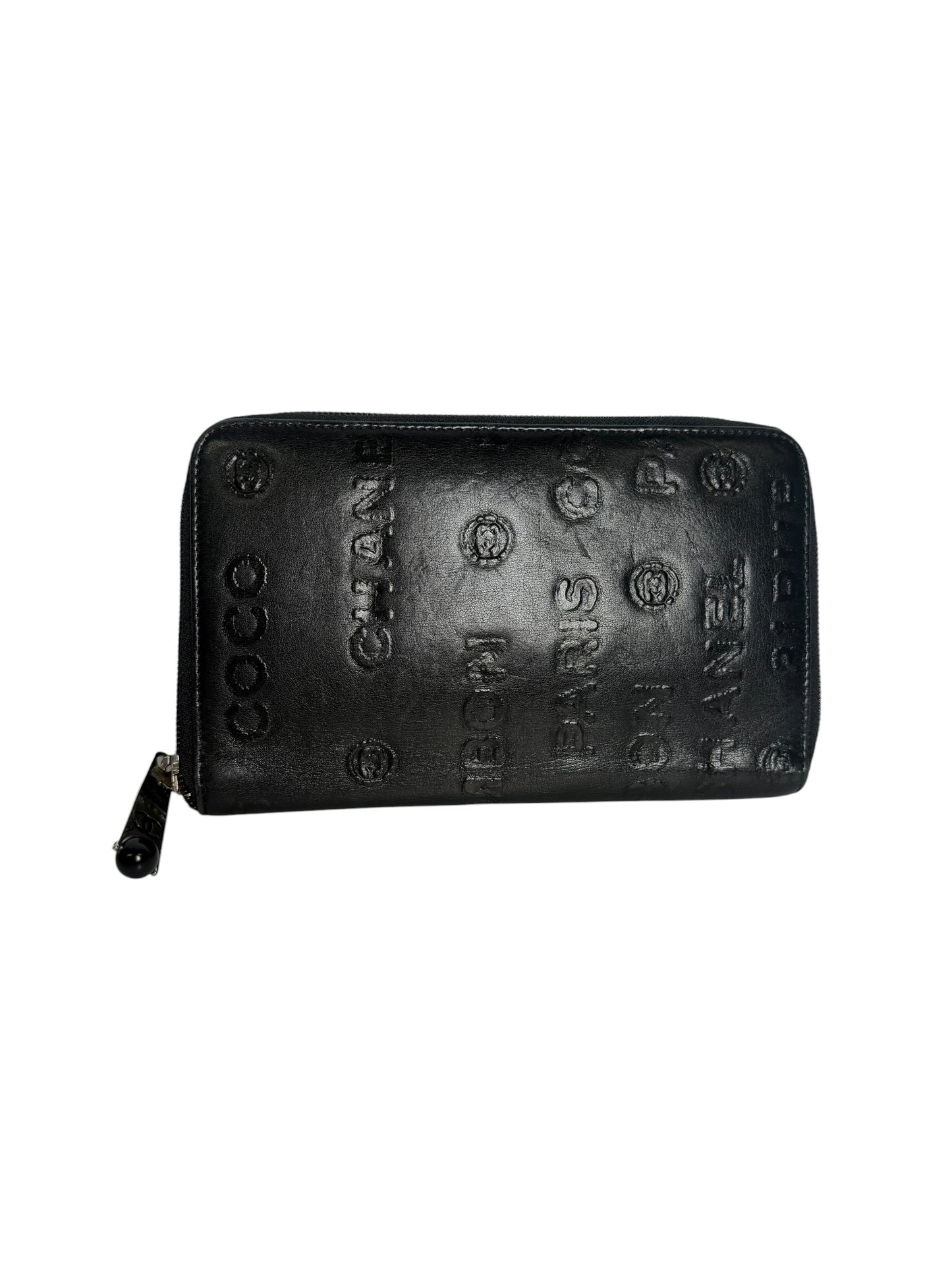 Chanel Black Embossed Logo Leather Zip Around Wallet T6569