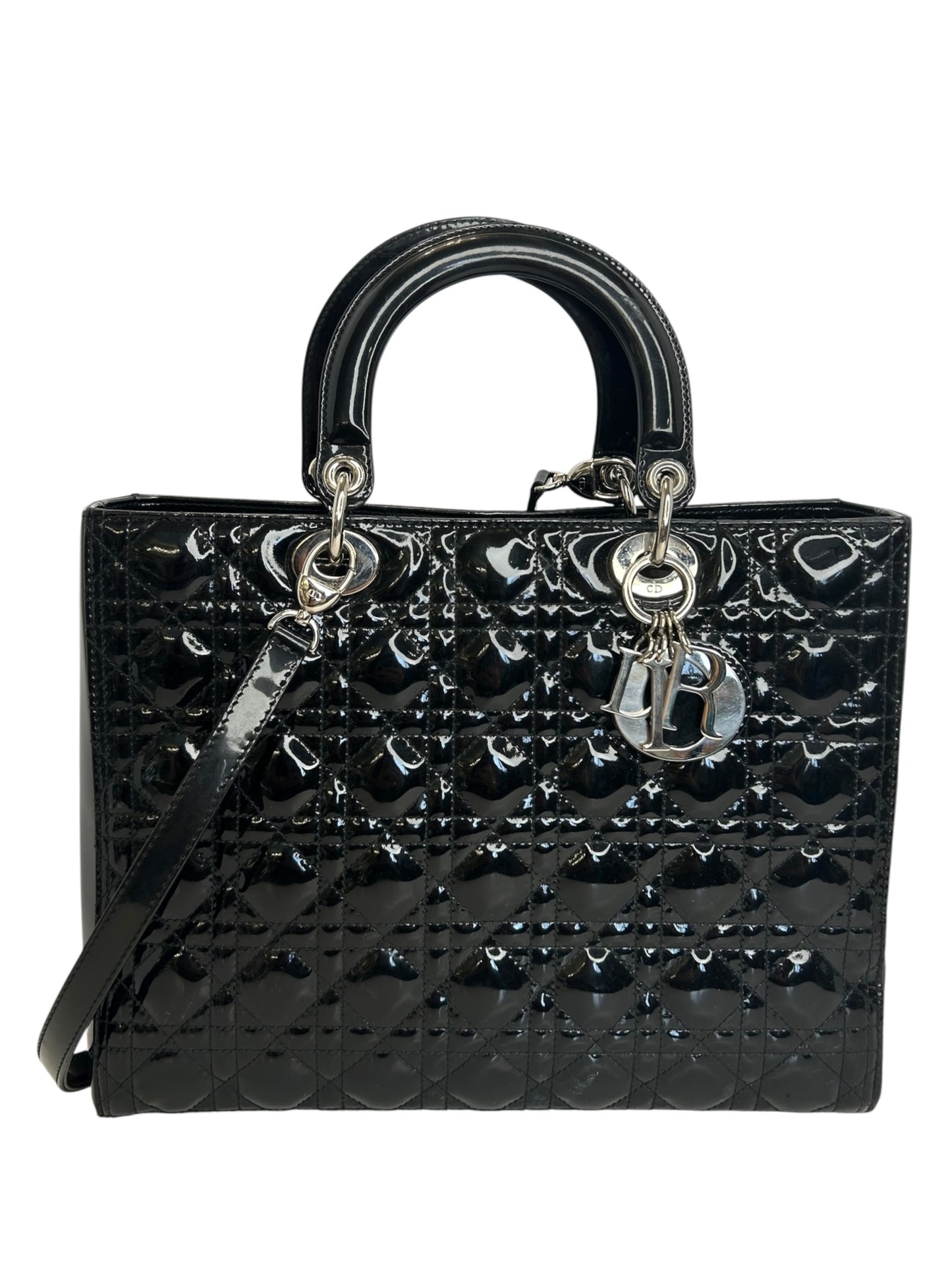 Christian Dior Black Patent Large Lady Dior SHW T8554