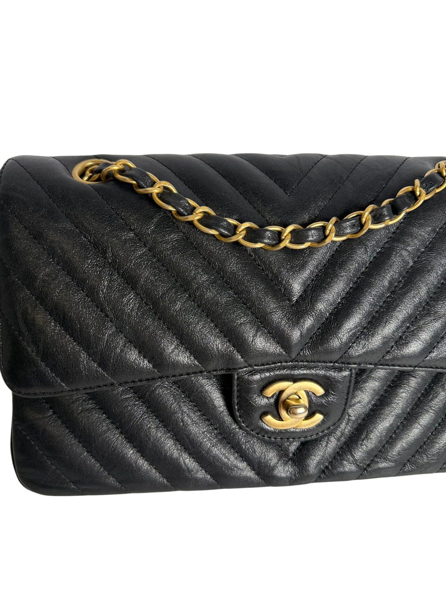 Chanel Metallic Charcoal Crumpled Calfskin Chevron Double Flap Small T7684