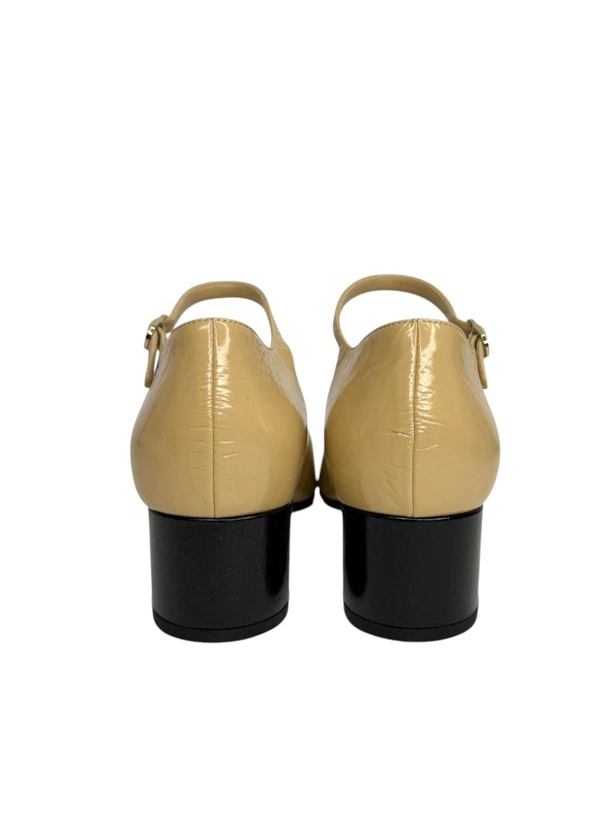Chanel Shiny Lambskin CC Mary Jane Block Heels Beige Black T8078