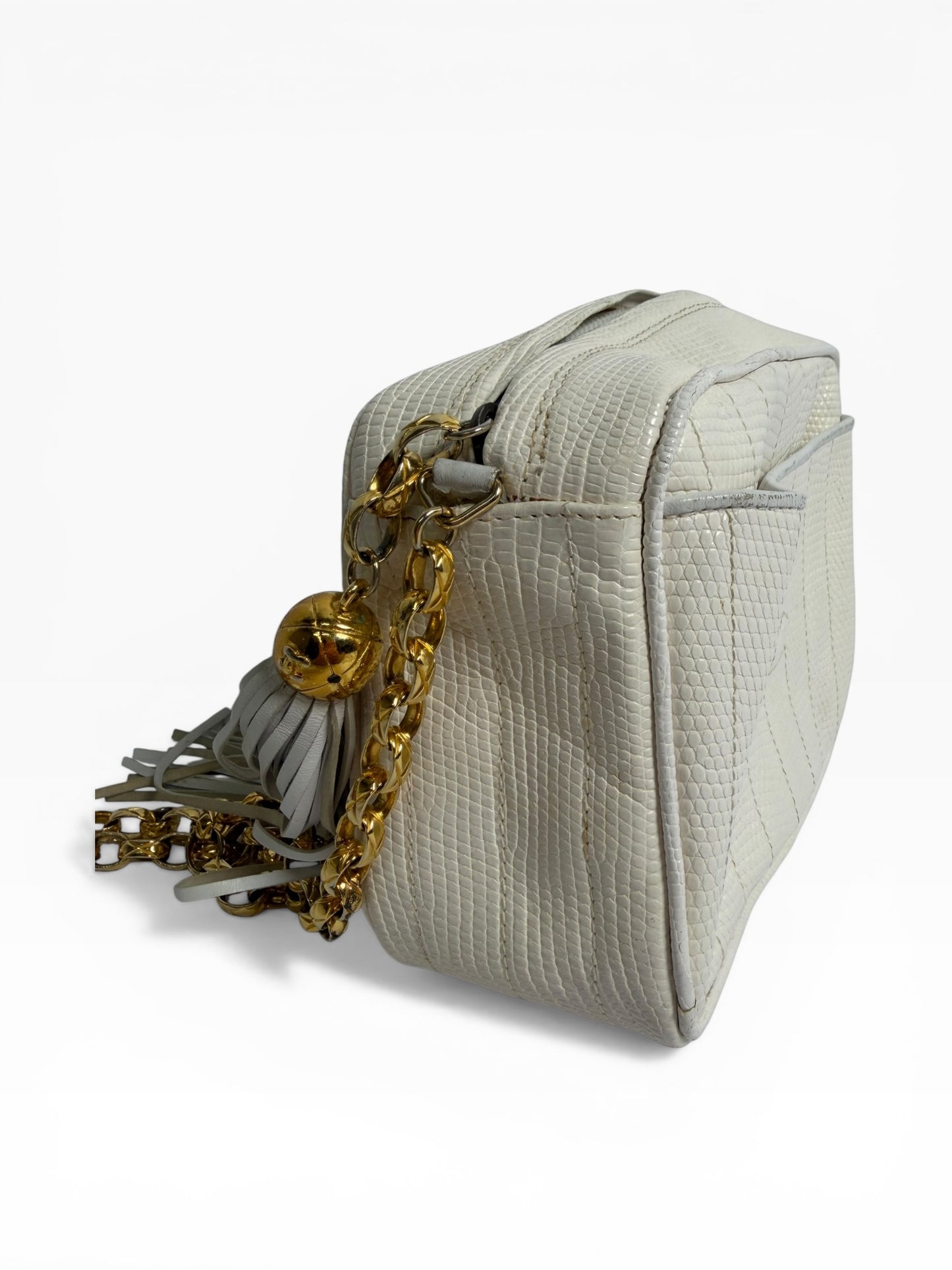 Chanel White Vintage Lizard Camera Bag