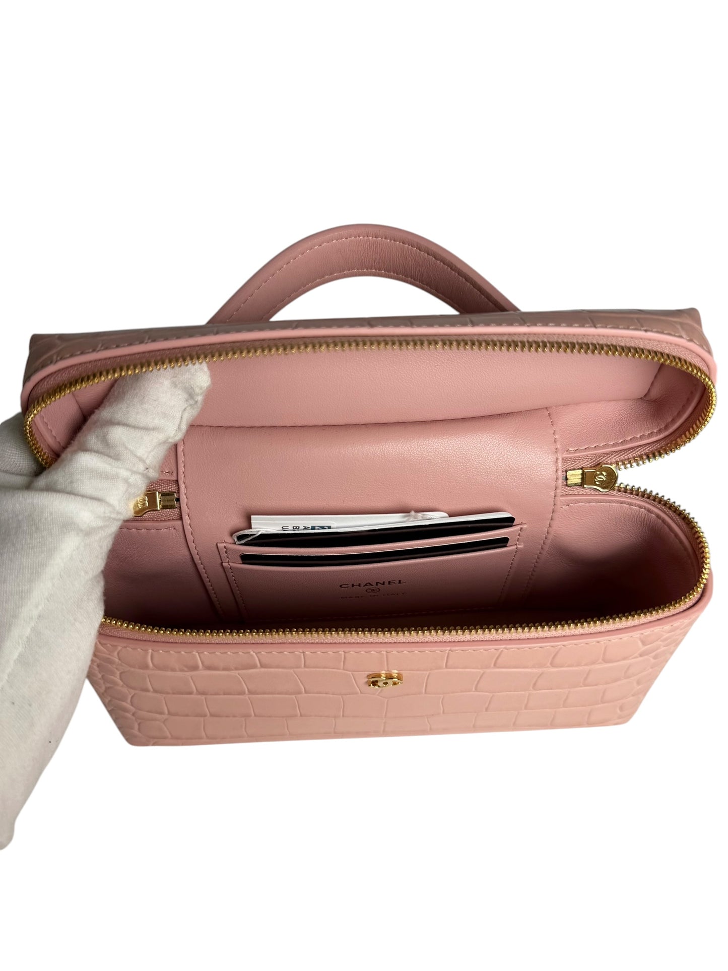 Chanel Pink Crocodile Embossed Slim Vanity NWT T8391