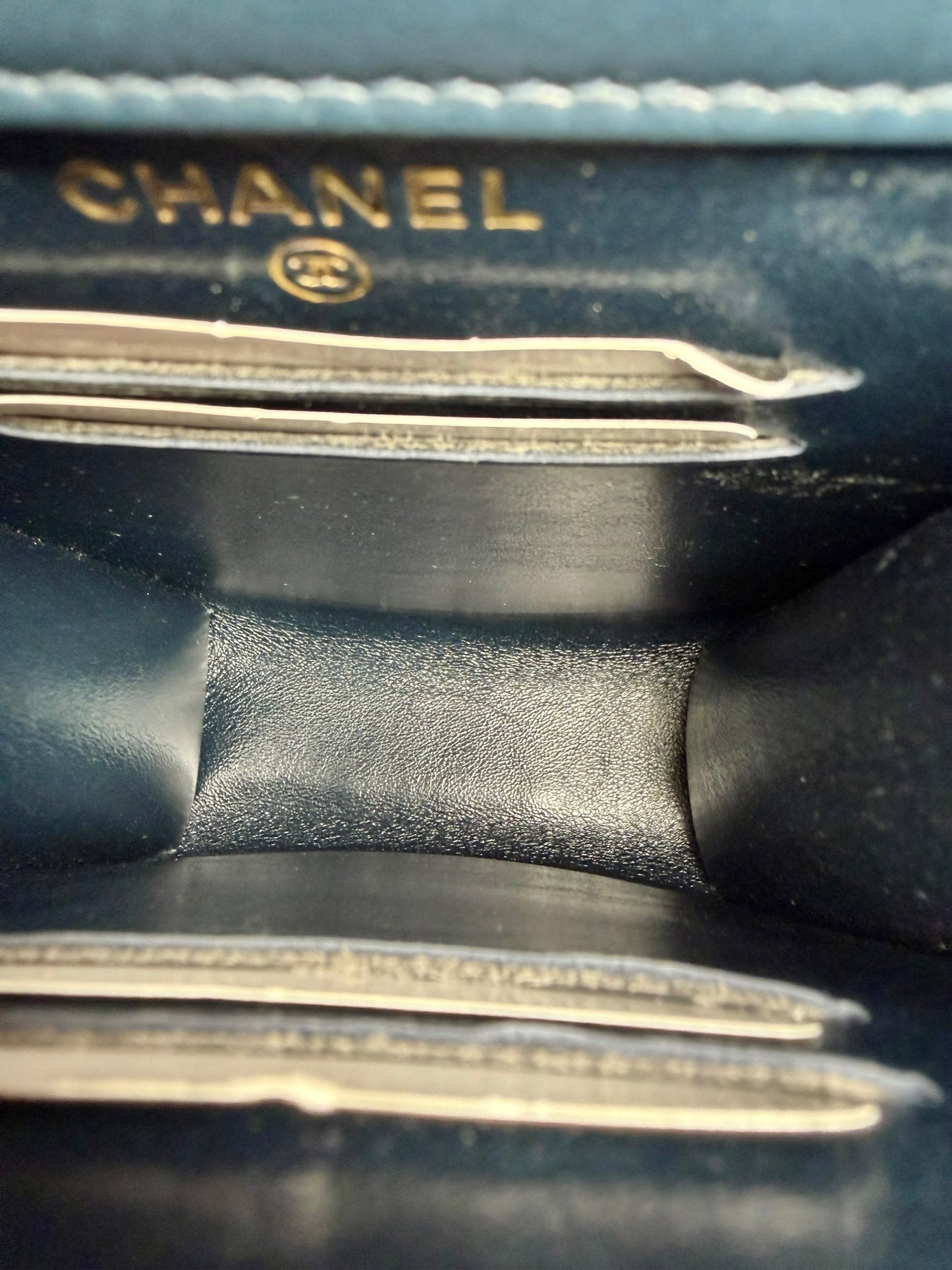Chanel Navy Chevron Phone Holder Aged Gold Hardware T5353