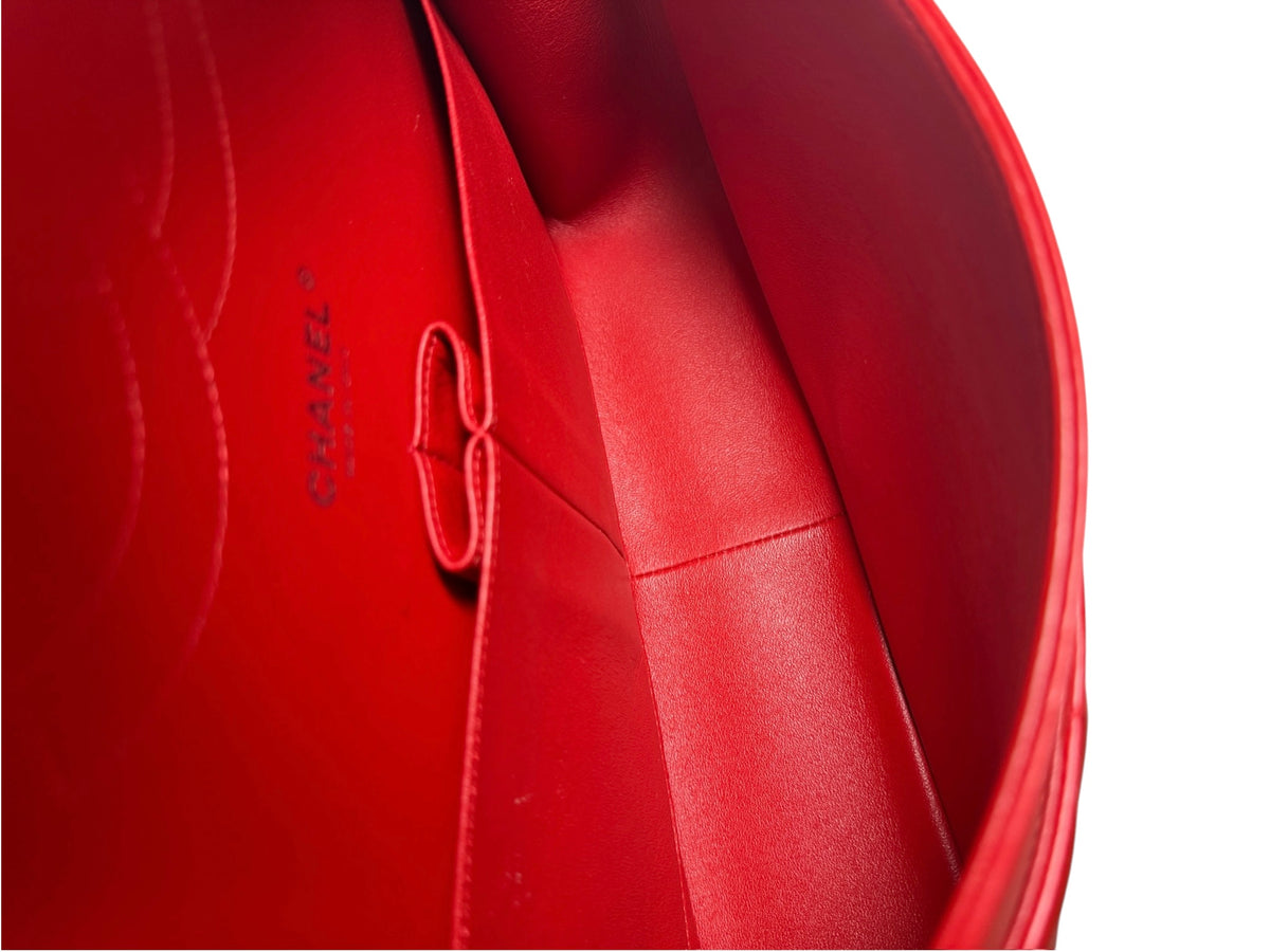 Chanel Red Quilted Lambskin Double Flap Jumbo SHW T9135