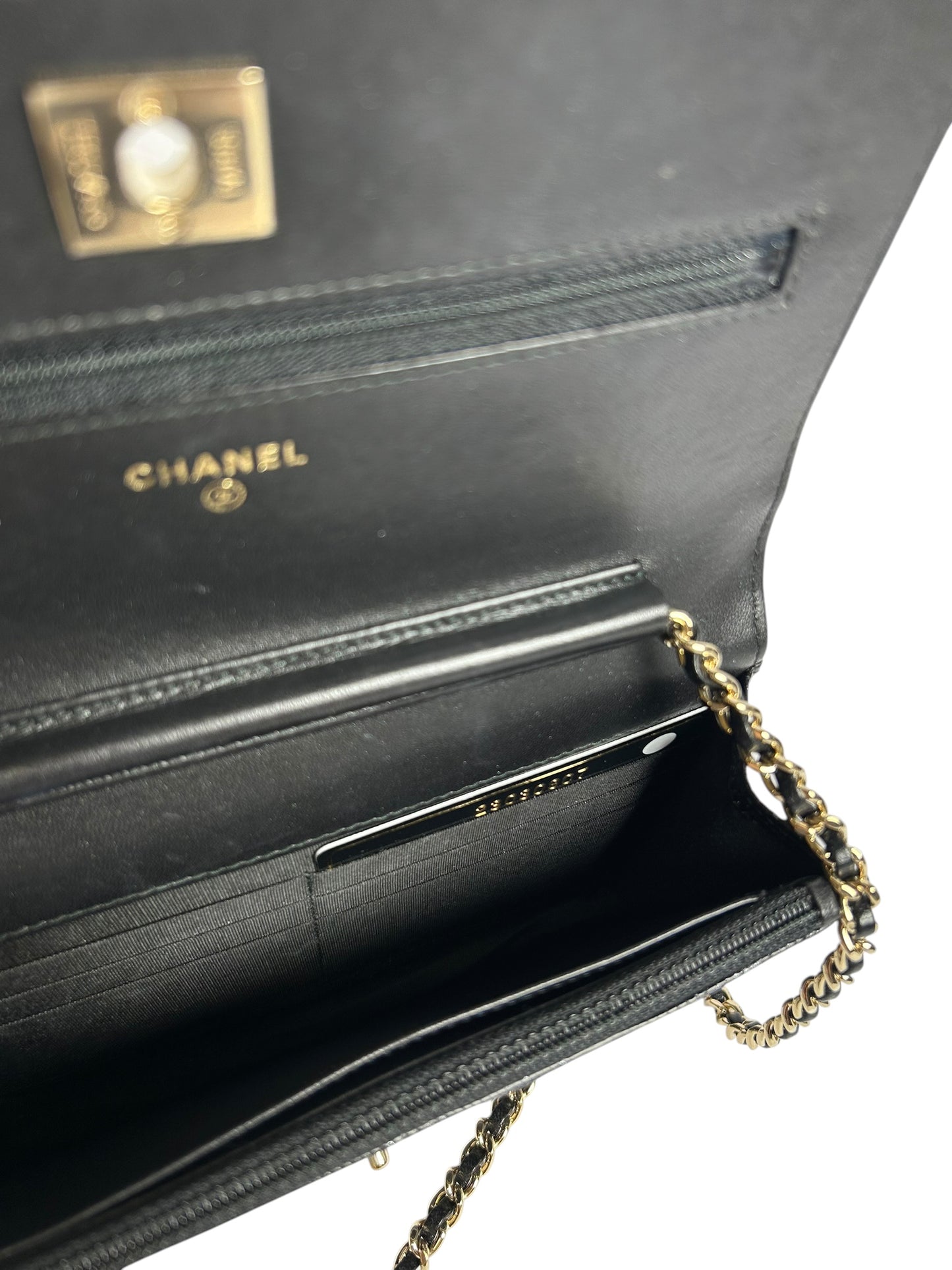 Chanel Black Lizard Embossed Wallet With Chain