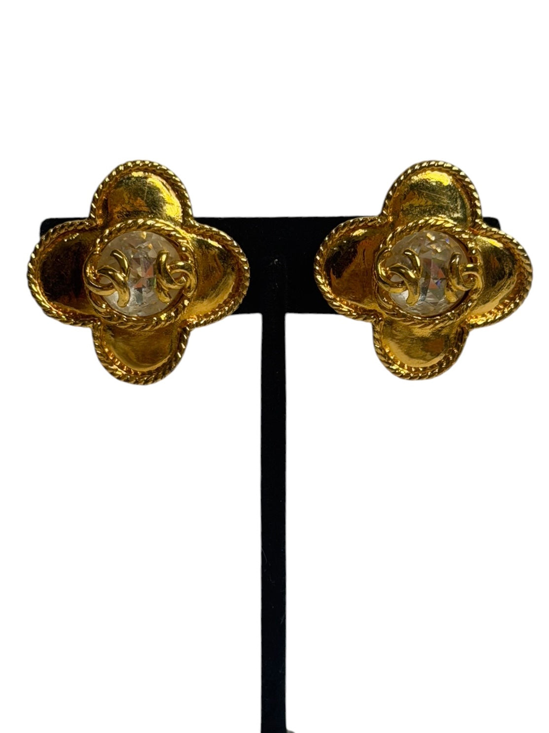 Chanel Vintage Gold Crystal CC Flower Clip-On Earrings T2571