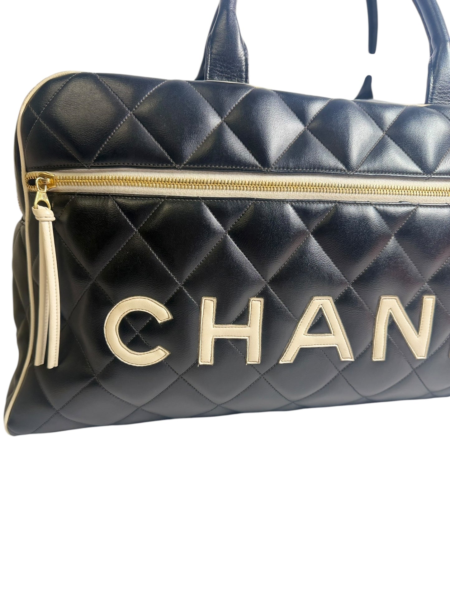 Chanel Quilted Logo Boston Bag Black T8690