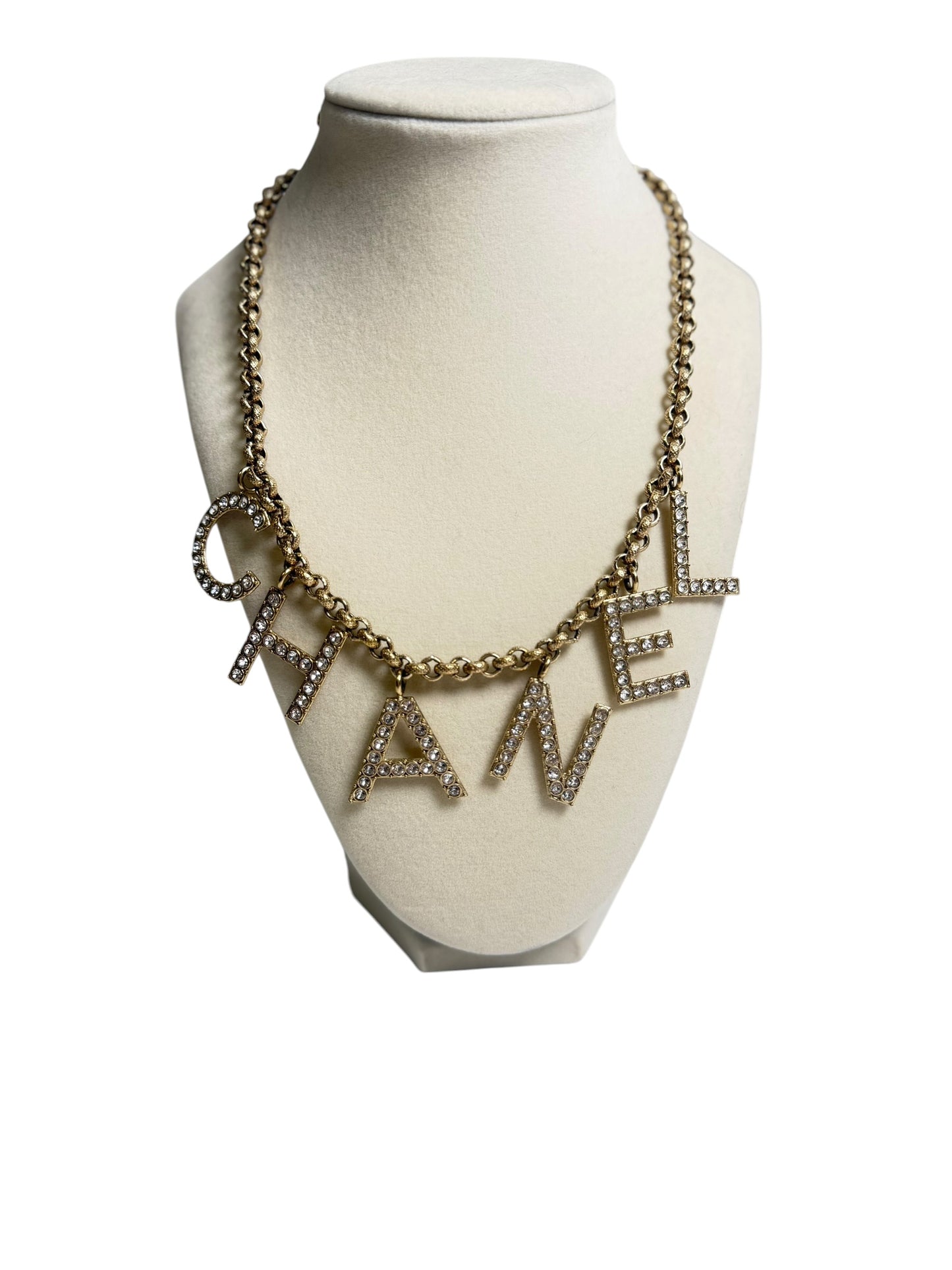 Chanel Crystal Logo Letter Statement Necklace Gold T7242