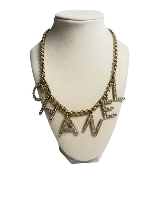 Chanel Crystal Logo Letter Statement Necklace Gold T7242