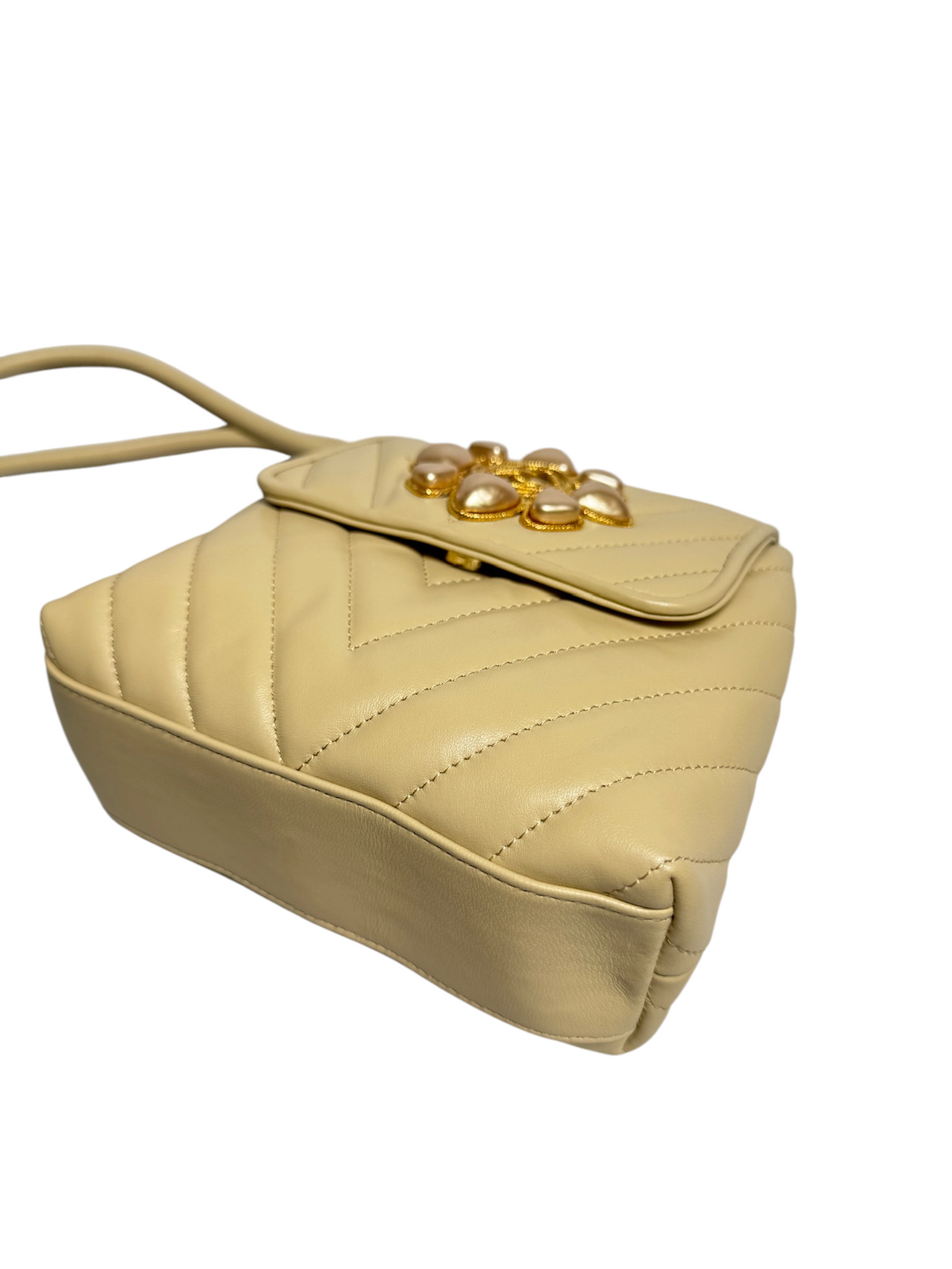 Chanel Chevron Pearl Logo Beige Flap T8495
