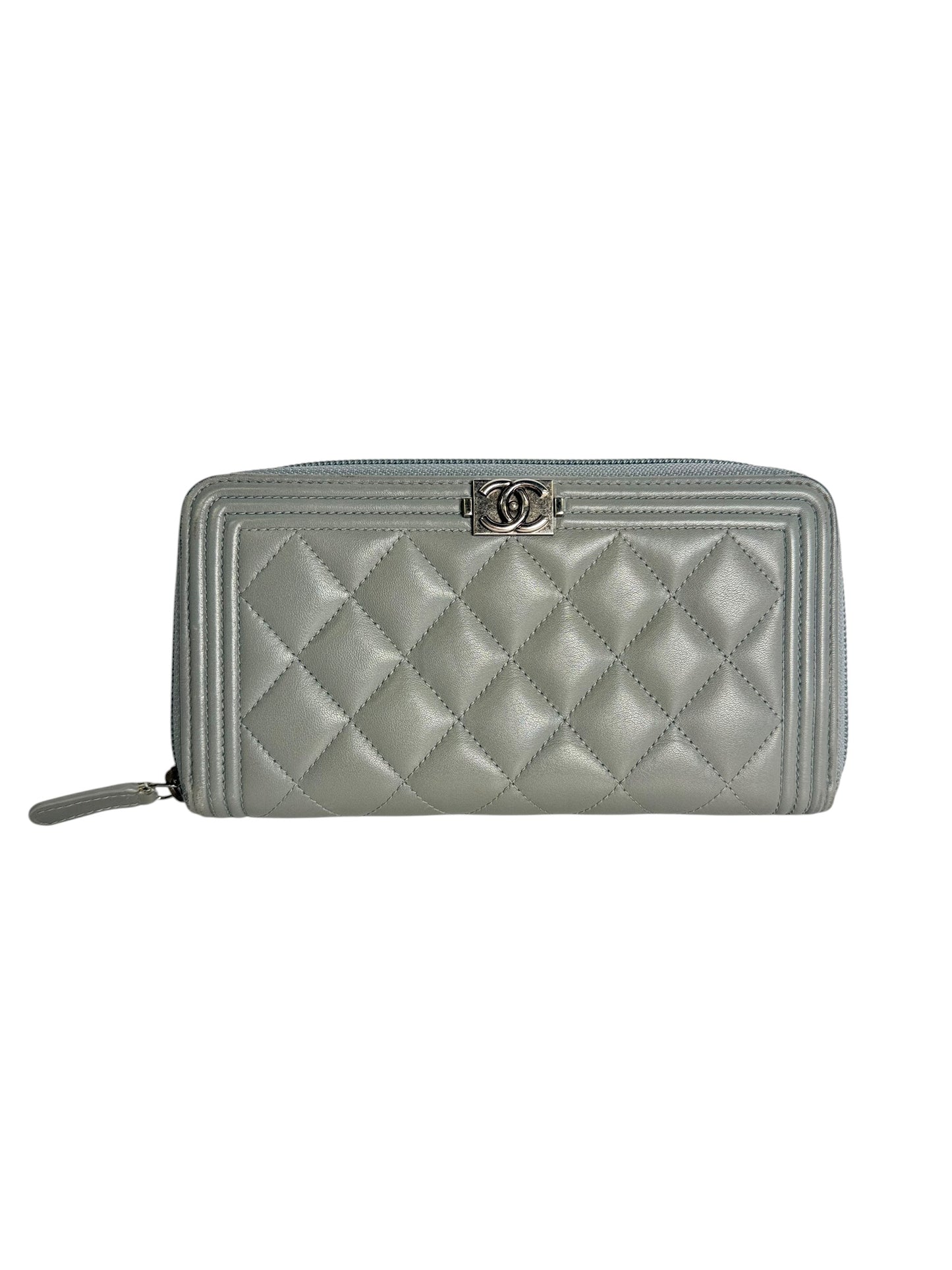 Chanel Boy Quilted Zip Around Wallet Gray T6556