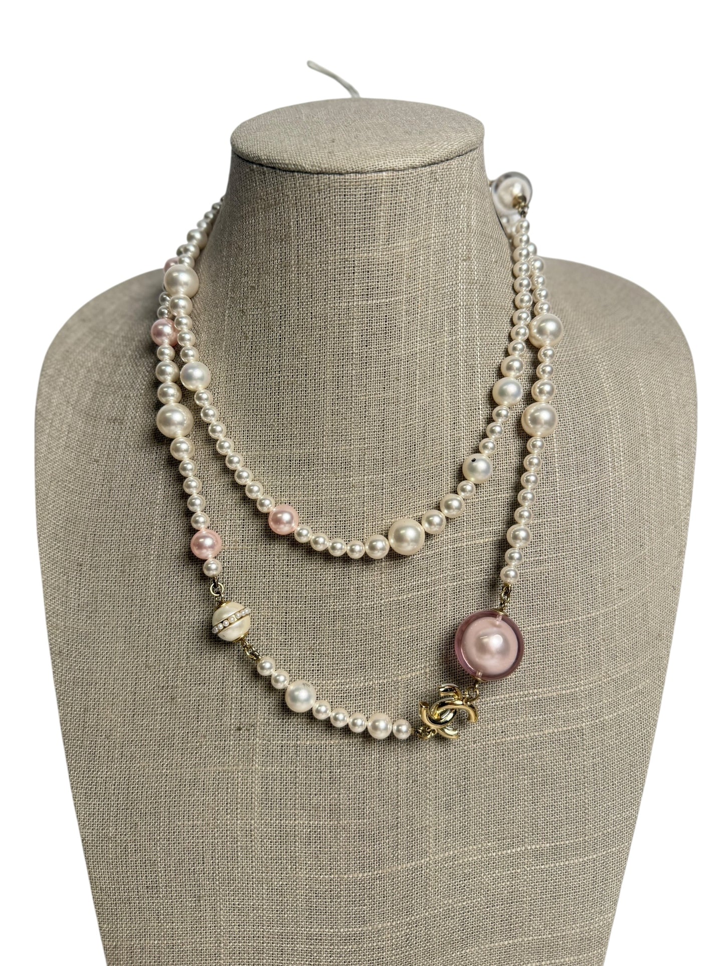 Chanel Pearl CC Multistrand Necklace Ivory Pink Gold T4568