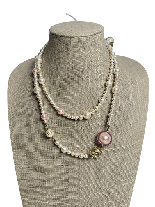 Chanel Pearl CC Multistrand Necklace Ivory Pink Gold T4568