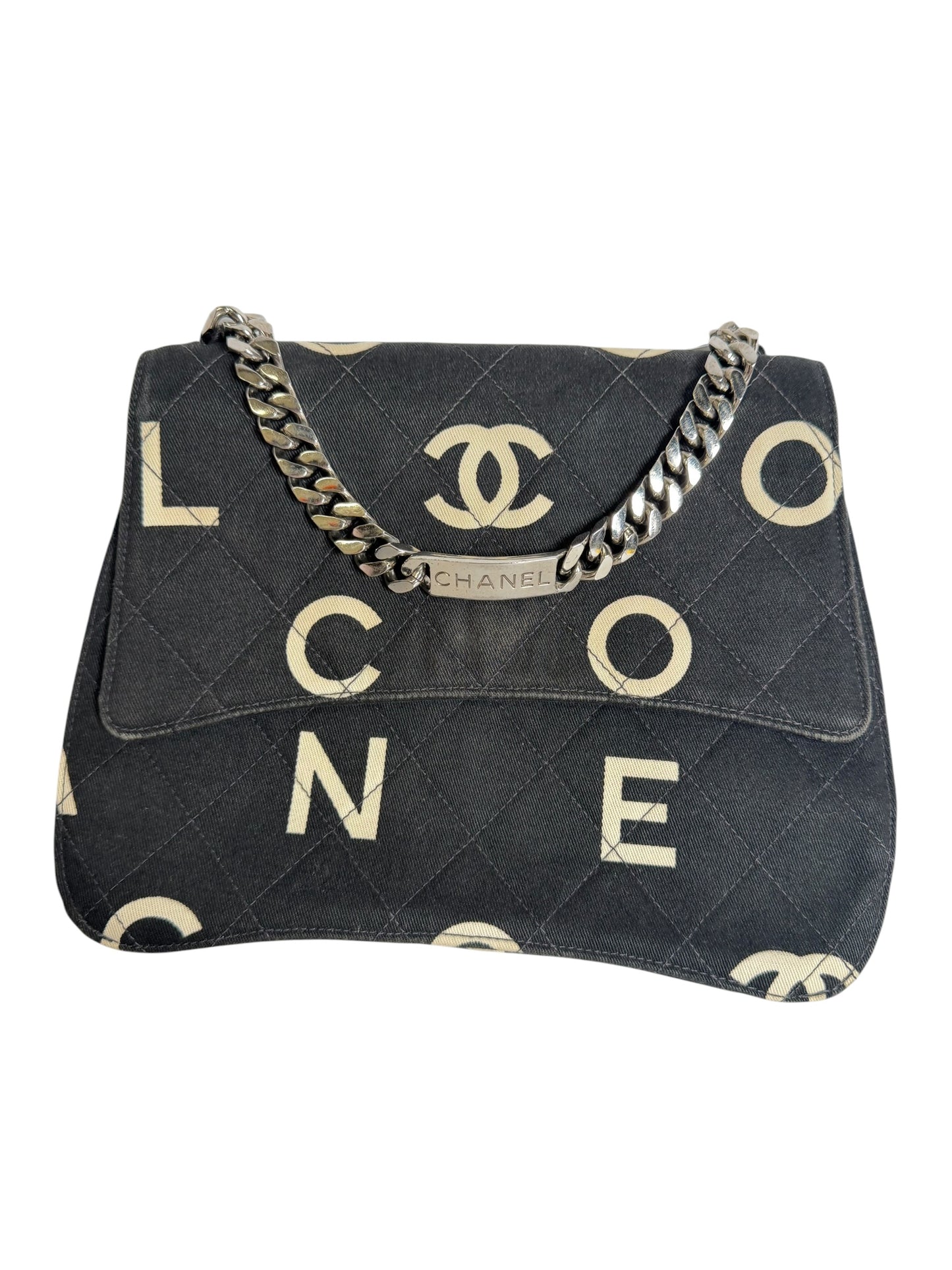 Chanel Black Logo Print Quilted Fabric Chain Shoulder Bag T6392