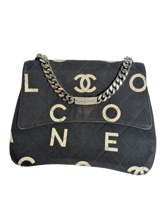 Chanel Black Logo Print Quilted Fabric Chain Shoulder Bag T6392