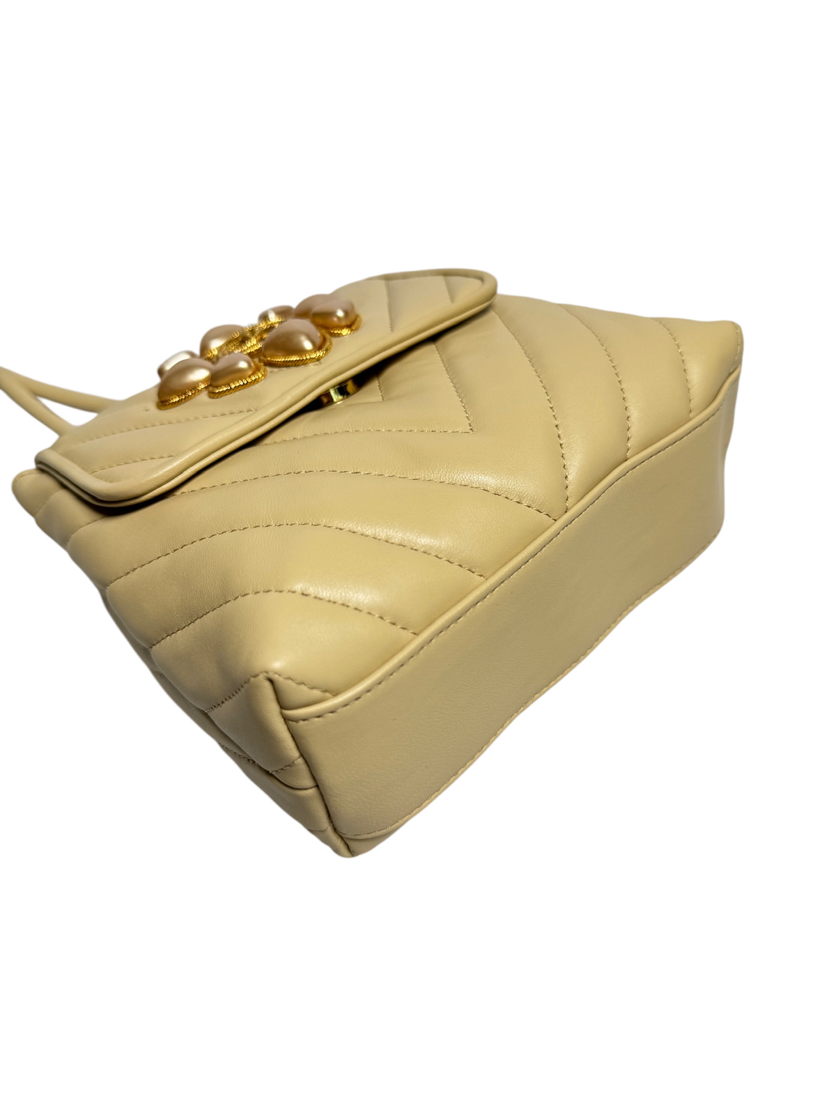 Chanel Chevron Pearl Logo Beige Flap T8495