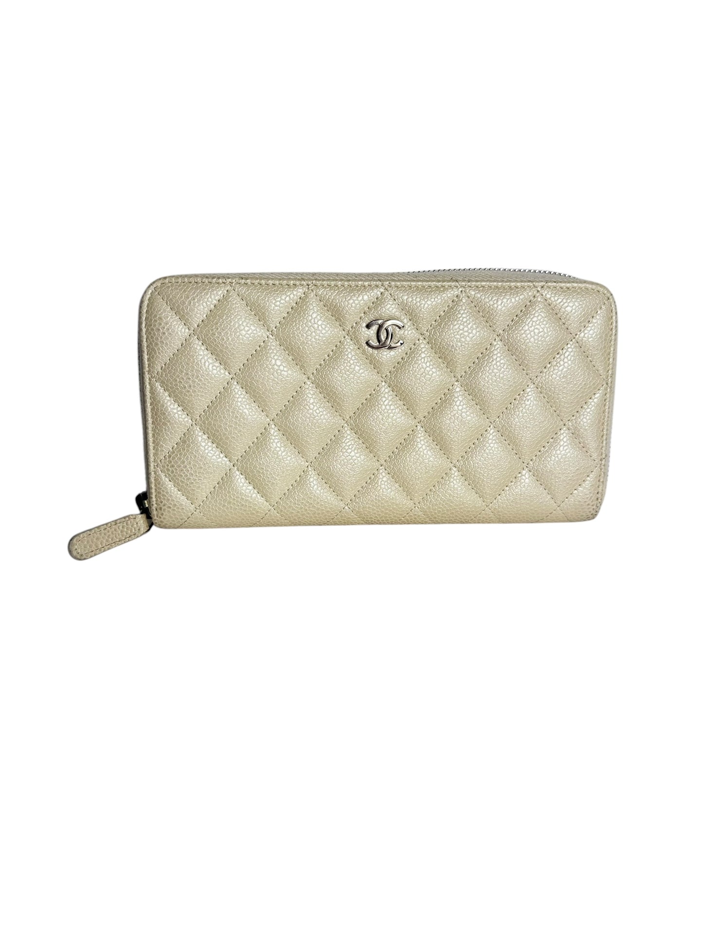 Chanel Classic Quilted Caviar Zip Around Wallet Metallic Pearl T1004