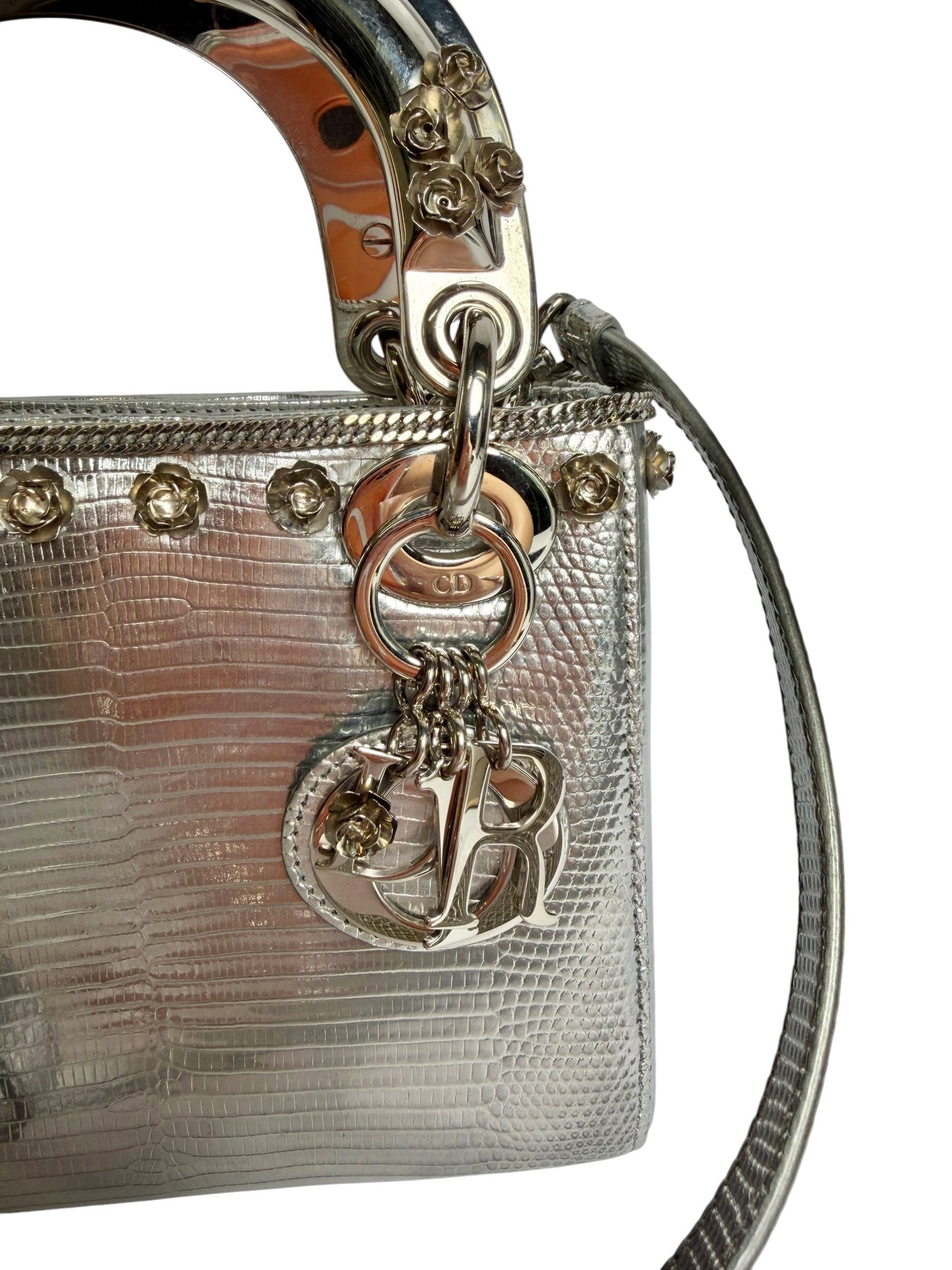Christian Dior Mini Lady Dior Lizard Silver Metallic Handle