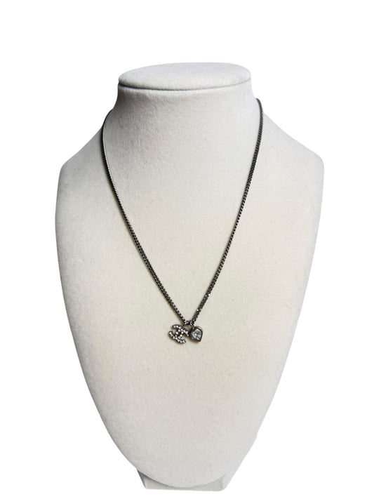 Chanel Crystal CC Heart Charm Necklace Silver T7003