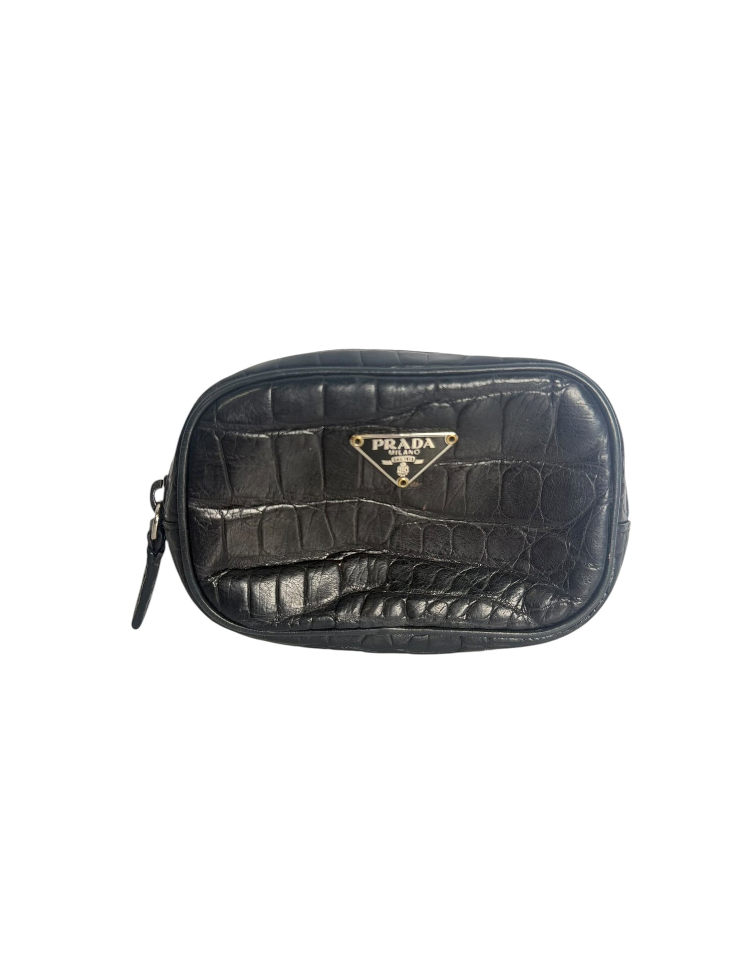 Prada Crocodile Embossed Cosmetic Pouch Black T8426