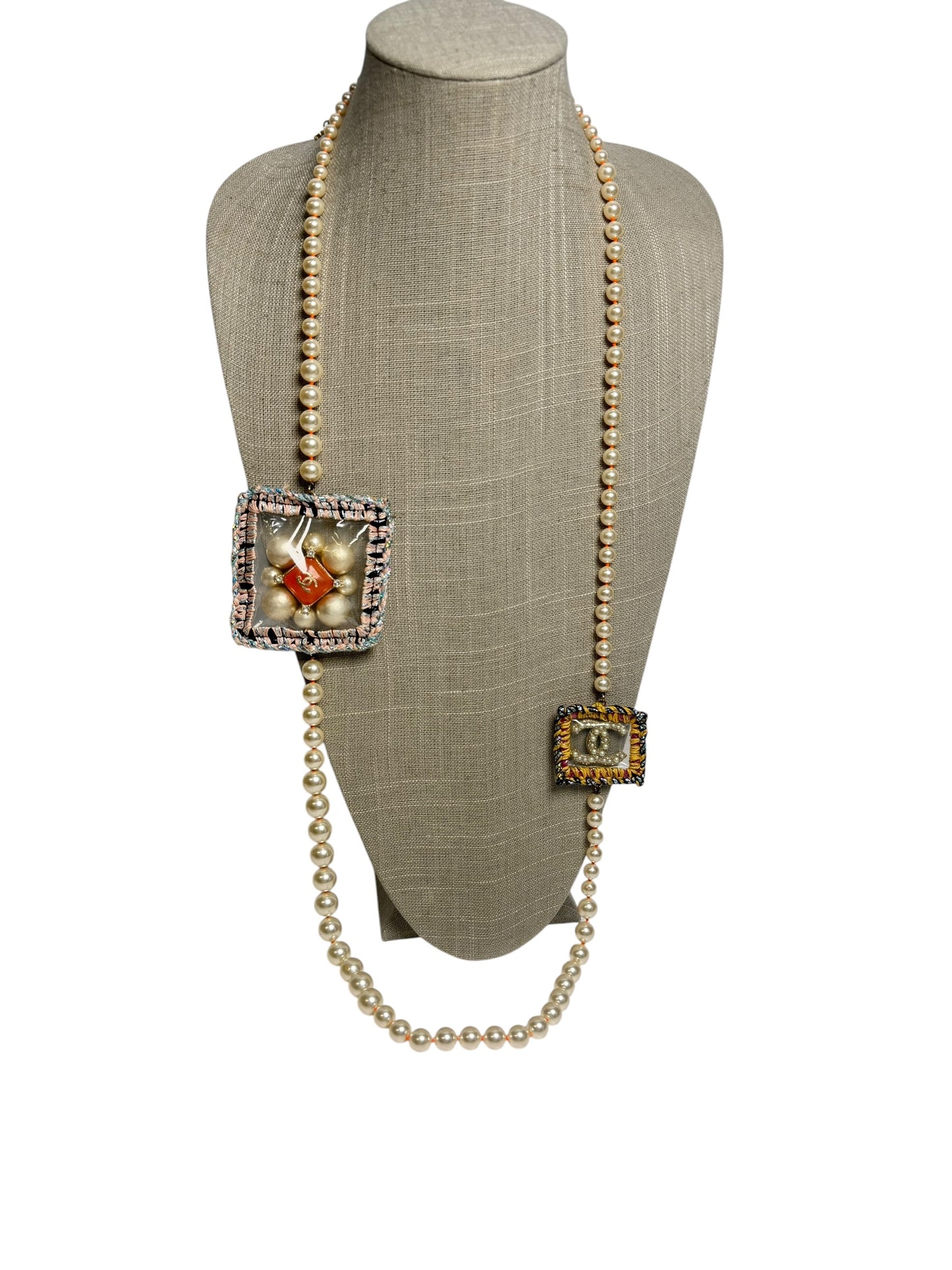 Chanel Pearl Tweed Perfume Bottle Charm Long Necklace T6264