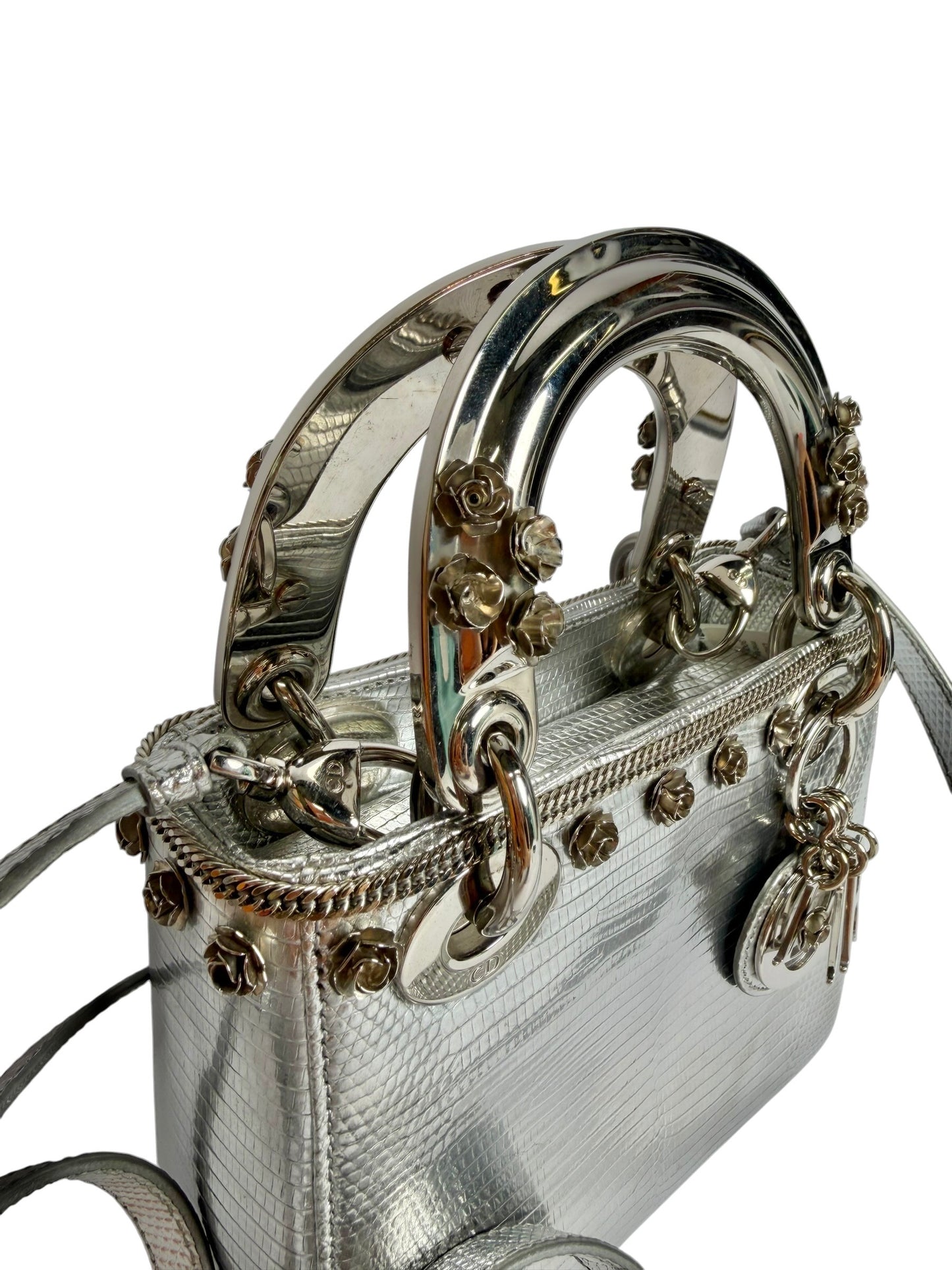 Christian Dior Mini Lady Dior Lizard Silver Metallic Handle