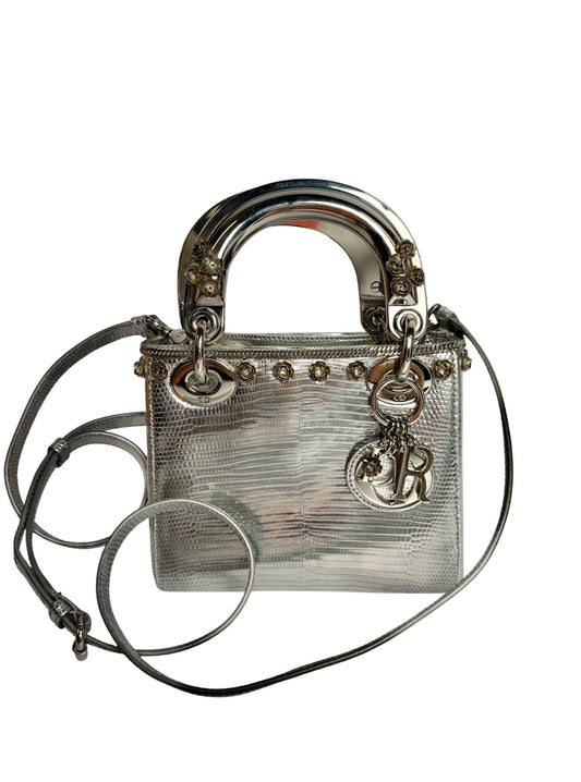 Christian Dior Mini Lady Dior Lizard Silver Metallic Handle T8096