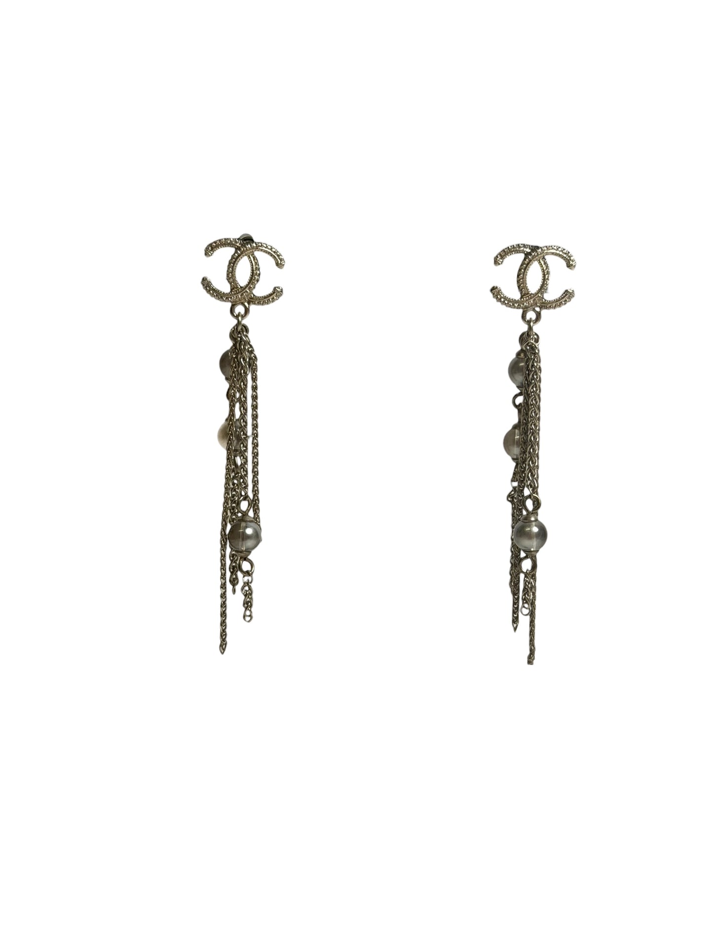 Chanel CC Chain Tassel Drop Earrings Silver T6620