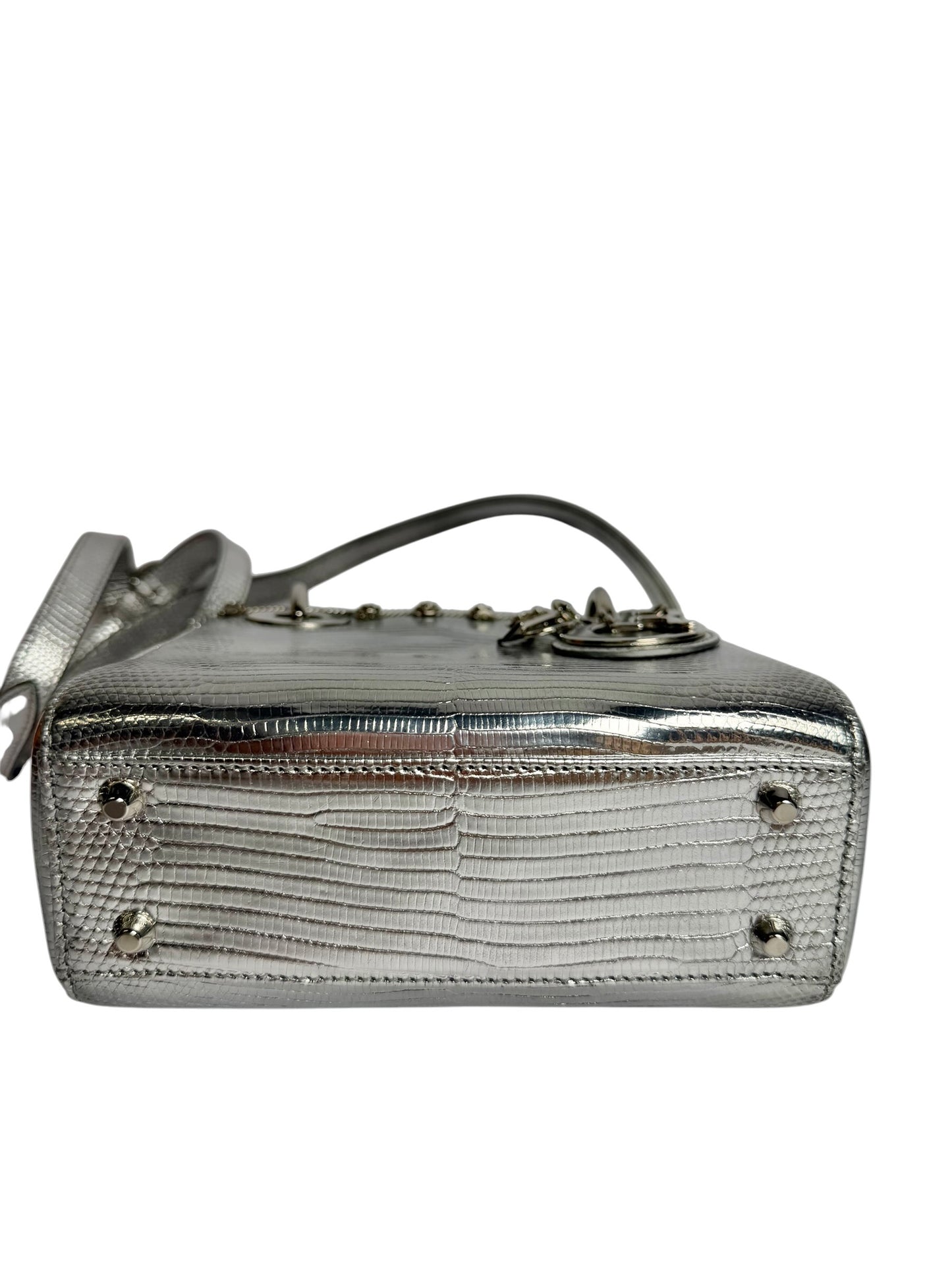 Christian Dior Mini Lady Dior Lizard Silver Metallic Handle