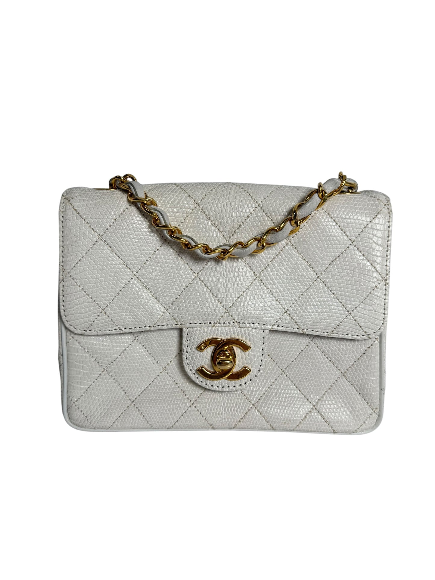 Chanel White Quilted Lizard Classic Flap Bag T1428