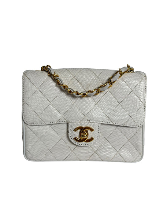 Chanel White Quilted Lizard Classic Flap Bag T1428