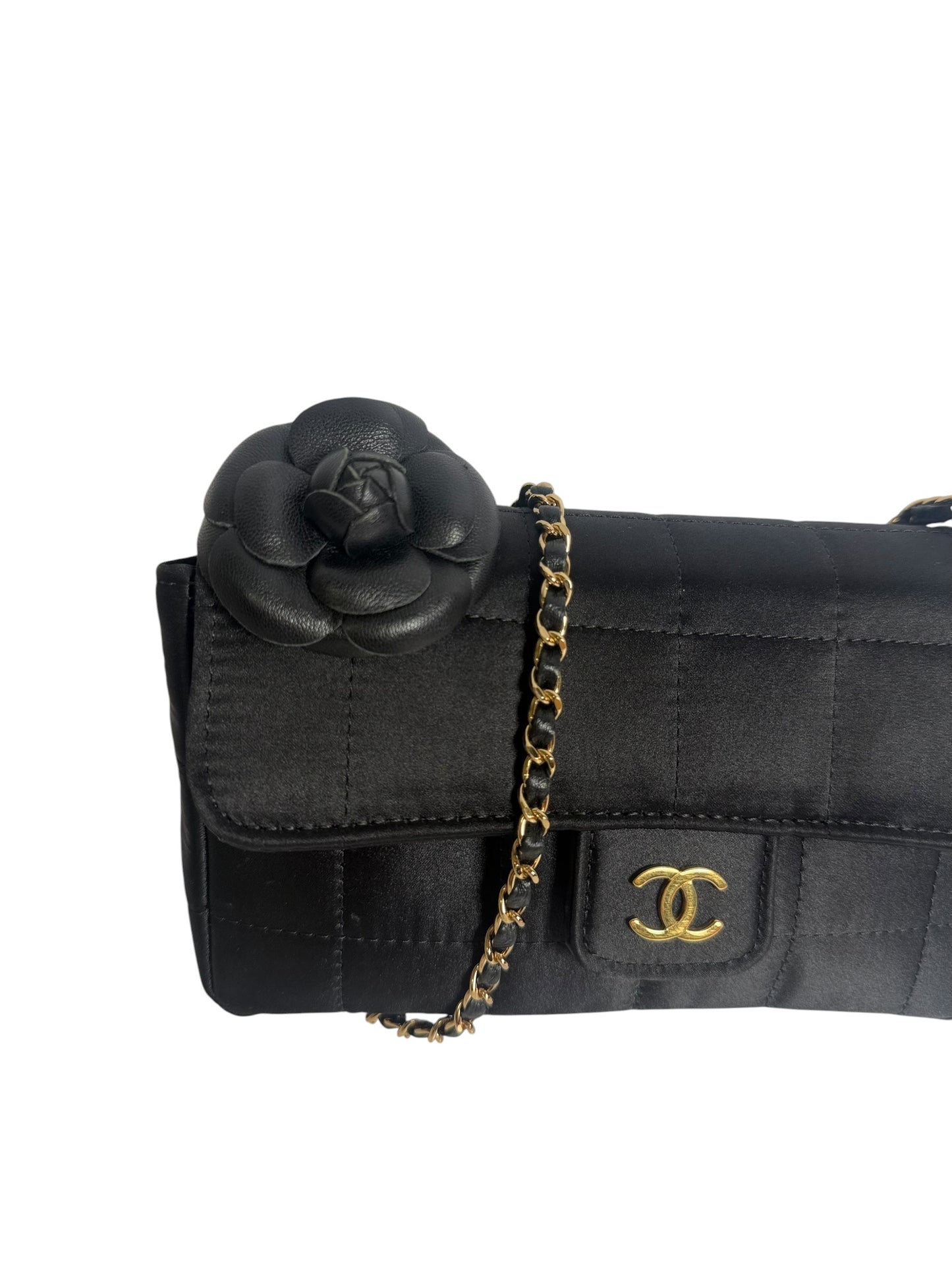 Chanel Camellia Satin Chain Shoulder Bag Black T8622